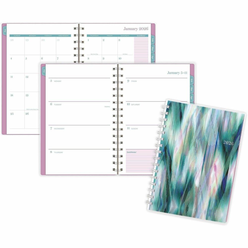 AAG1764200 - Neo Weekly Monthly Planner lets you plan big, making it easy to track family events, work deadlines and everything in between. Dated planning pages range 12 months from January to December and feature a QuickNotes area on both weekly and monthly pages to help you stay on track all year long. Two-page-per-week spreads include open daily sections from Monday to Sunday. Tabbed monthly pages help you see your big picture plans in an instant with unruled daily blocks from Sunday to Saturday and past and future monthly reference calendars. Special pages include a double-sided poly pocket, three-year reference calendar, holiday list, two future planning pages, five note-taking pages and a sticker sheet. Durable poly cover with twisting lines and colorful accents for an eye-catching design helps the planner stand up to wear and tear no matter where your day takes you. Silver twin-wire binding helps keep your pages secure and won't snag on your bag or clothing.