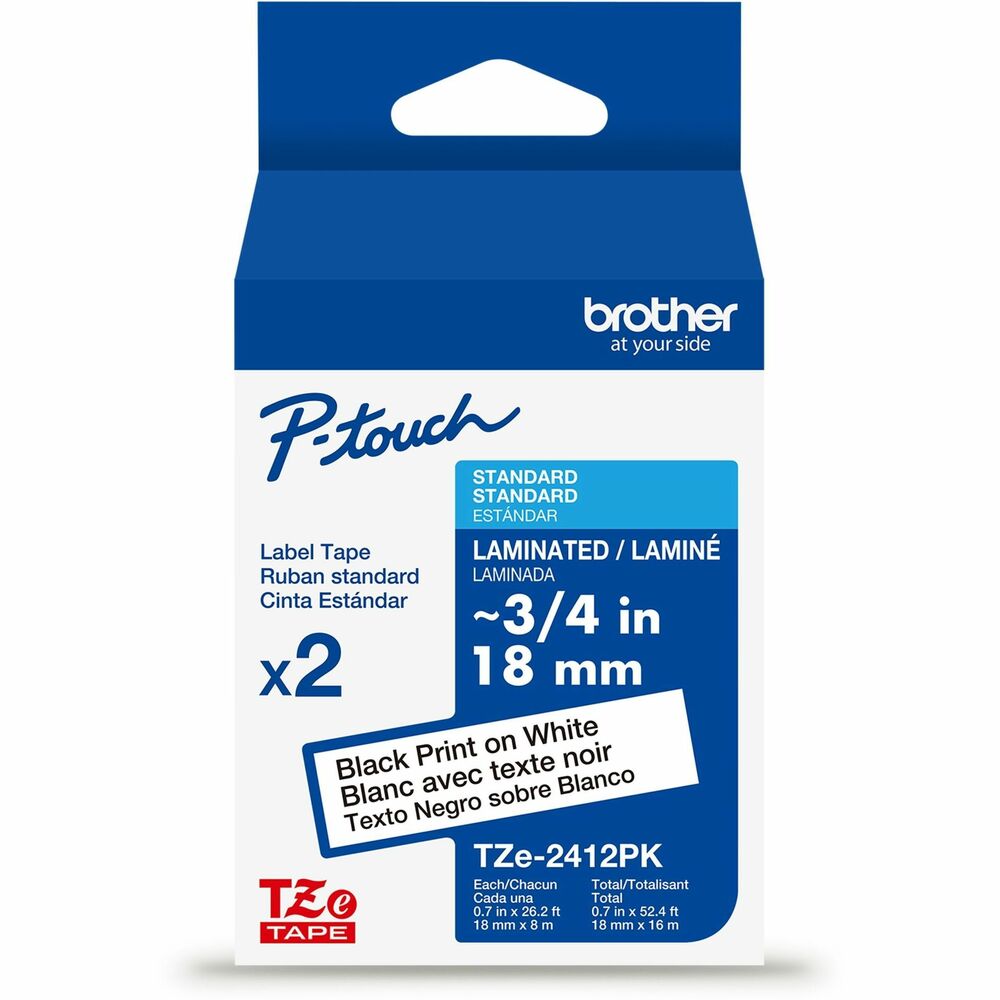 BRTTZE2412PKG - Not all labels are created equally. Engineered by Brother for use with a variety of Brother P-touch Label Makers, Brother Genuine TZe Laminated Label Tapes offer an unbeatable combination of effortless customization, long-lasting performance, and impressive strength. The patented seven-layer lamination technology provides remarkable resistance to wear and tear, and label text is printed between layers, so messaging remains. Featuring Easy Peel split backings and outstanding adhesion, they are an effective option for application on smooth, round, and textured surfaces. Tested to perform in a range of environments, these label tapes withstand temperatures from freezing to boiling. Plus, they're resistant to fading caused by sunlight and damage due to water, making them ideal for indoor and outdoor use.  Chemical Resistant: TZe Laminated Label Tapes can be used on items and in areas that require frequent sanitizing with cleaners, wipes, and bleach. Restaurant kitchens, school cafeterias, tattoo shops, nursery schools, breakrooms, customer service counters. Water Resistant: TZe Laminated Label Tapes can be used in areas and on items with frequent water exposure. Hotel pool areas, backyard hot tubs, under-sink storage, laundry rooms, barber shops, fishing gear, outdoor garbage bins, dishwashers, and microwave-safe food storage. Abrasion Resistant: TZe Laminated Label Tapes can be used on items in public environments like municipal offices and government buildings or in home settings where items are often shared, accessed, or moved. Heavy storage containers, warehouse goods, power tools, dental office files, legal office binders, entry/exit doors in public buildings. Fade Resistant: TZe Laminated Label Tapes can be used in areas and on items that are exposed to sunlight. Retail store windows, flowerbeds, marinas, used car lots, swap meets, BBQ tools and accessories. Offered in multiple sizes and colors, the extensive range of TZe Laminated Label Tapes is further expanded with premium and specialty options that are perfect for more specific uses. For durable, long-lasting custom label solutions, depend on Brother TZe Laminated Label Tapes - labels that work hard to simplify the hard work of identification and organization.  Images are for illustrative purposes only. Actual output (such as font and margins) may vary. Tape widths listed in inches are approximate. Actual tape widths are listed in millimeters (mm).