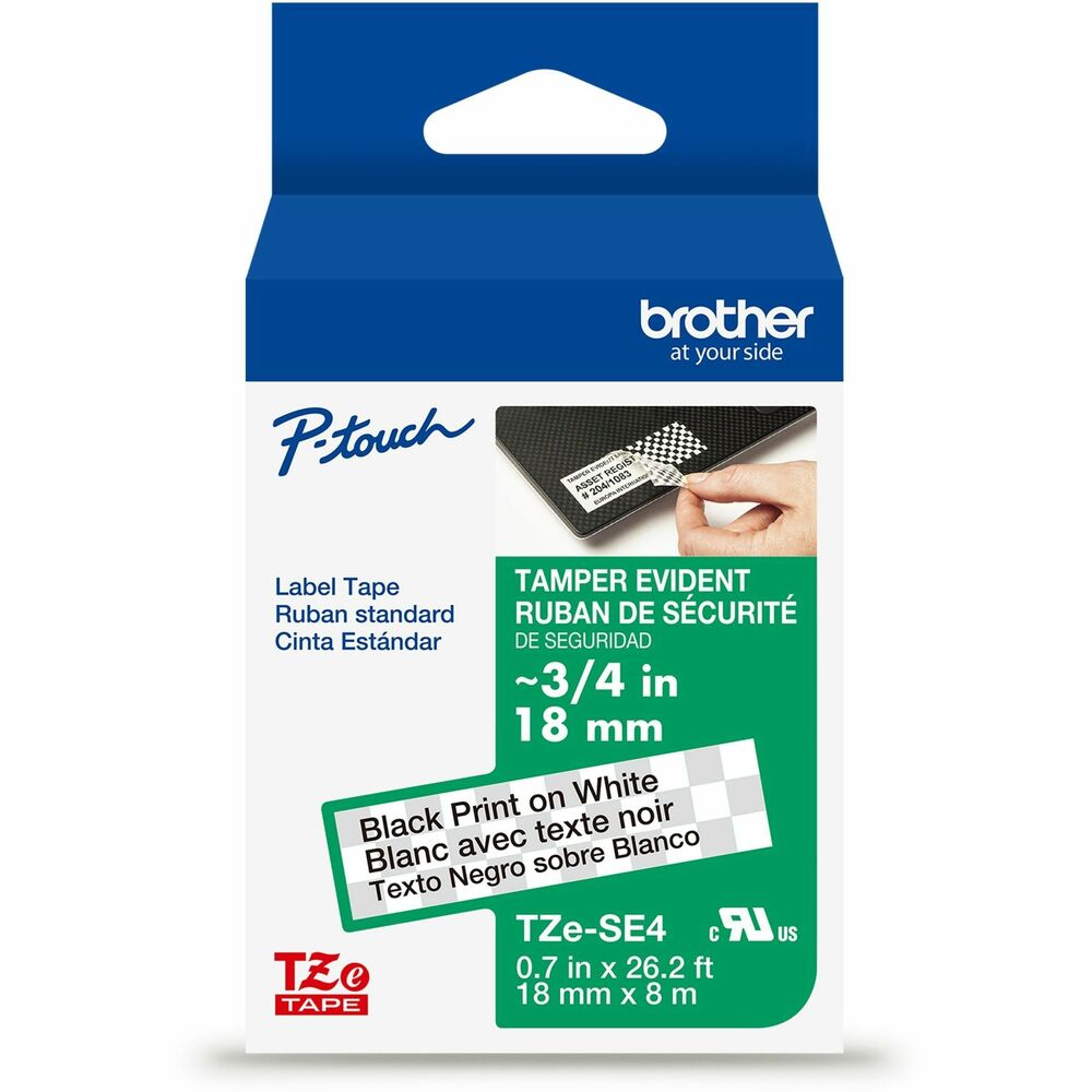 BRTTZESE4G - Brother P-touch TZe Tamper Evident Laminated Label Tapes display a checked pattern when removed, letting you know the tapes have been tampered with. These tapes provide an added level of security and peace of mind, making them ideal for labeling, organizing, and storing company equipment and confidential materials like employee files, medical records, legal documents, or financial records. Protect your valuables at work, at home, in a rental unit, or when selling your home. Gain greater peace of mind when you label, store, and ship confidential or sensitive records, identify and seal archives, and label calibrated equipment for quality assurance. Combining powerful adhesive and Easy Peel split backings, TZe Tamper Evident Laminated Label Tapes are easy to apply and can be relied on to remain affixed to smooth, round, and textured surfaces. TZe Tamper-Evident Laminated Label Tapes are: Chemical Resistant: Tested for resistance to many different chemicals, TZe Tamper Evident Laminated Label Tapes can be used in areas and on items that require frequent cleaning with common cleaners like bleach or wipes. Great for nail salons, short-term rental units, and storage units. Water Resistant: Able to withstand water and humidity, TZe Tamper Evident Laminated Label Tapes can be used in areas and on items with frequent water exposure. Abrasion Resistant: Engineered to perform in harsh environments, TZe Tamper Evident Laminated Label Tapes can be used on items that are frequently shared, moved, or accessed in public or home settings. Perfect for labeling school property, computers, transferring personnel records and sensitive files. Fade Resistant: Tested for fade resistance in a variety of conditions, TZe Tamper Evident Laminated Label Tapes can be used in areas and on items that are exposed to sunlight; equipment and bins stored outside, long-term archive storage, and lock boxes for rentals and real estate agents. Like all Brother P-touch TZe Tapes, TZe Tamper Evident Laminated Label Tapes are engineered for effortless customization, long-lasting performance, and impressive durability. Made for use with a variety of Brother P-touch Label Makers, TZe Tamper Evident Laminated Label Tapes are a reliable choice for both indoor and outdoor applications.  Images are for illustrative purposes only. Actual output (such as font and margins) may vary. Tape widths listed in inches are approximate. Actual tape widths are listed in millimeters (mm).