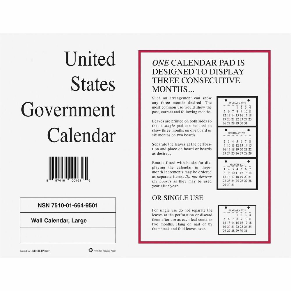 UCR6649509 - Wall calendar keeps you up to date. Use this planning tool throughout the year for all your projects and deadlines. Calendar is perforated on the fold for easy removal of past months and punched so that three months can be displayed on a wall calendar board. Regular dates are printed in black while holidays are printed in red.