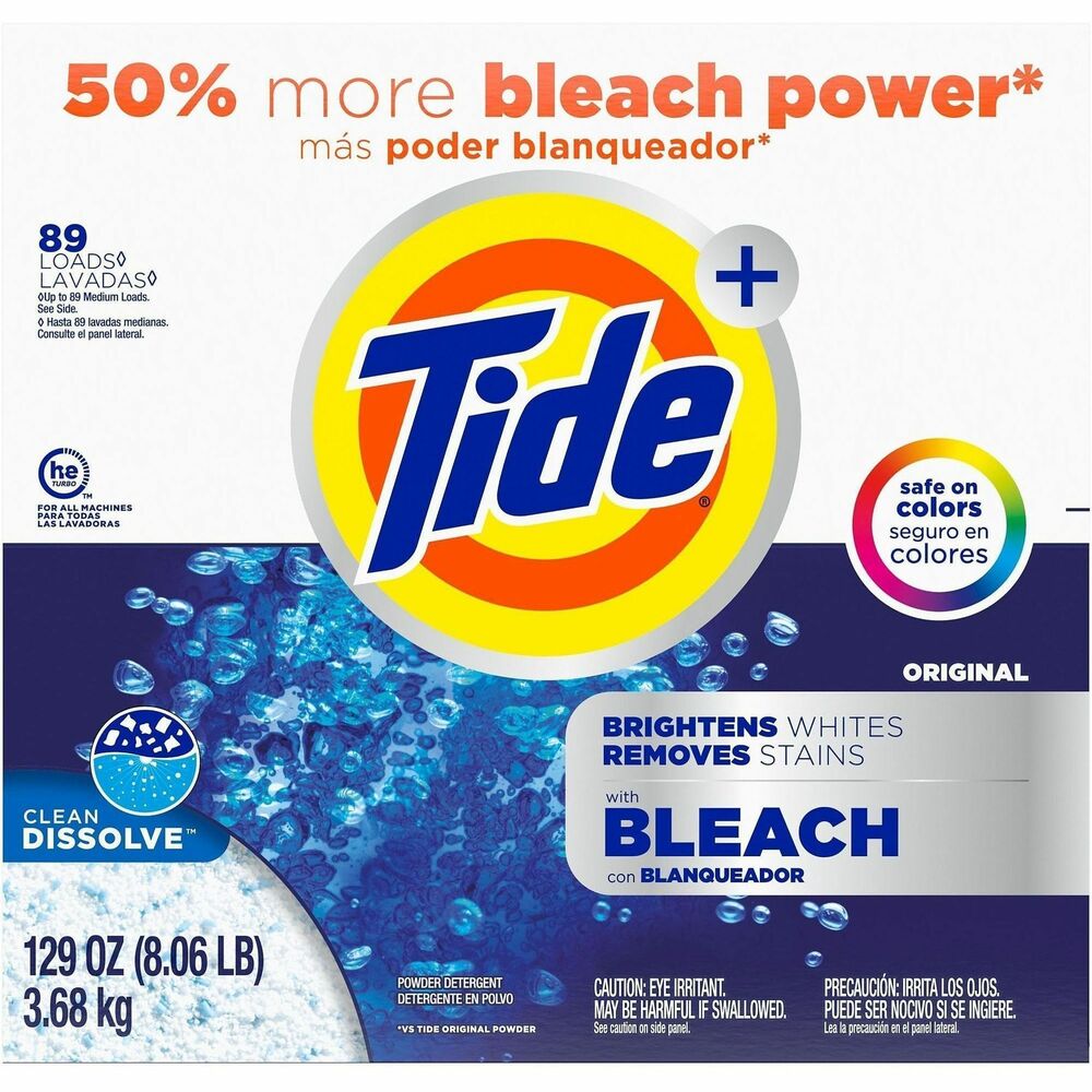 PGC16667 - Tide Plus Bleach is your everyday solution to keeping your clothing looking great. Each wash refreshes your laundry with active enzymes to break down stains while whitening and brightening every load. This powder laundry detergent can be used on whites and bright colors because it keeps garments clean and colors safe. It can be used in all washing machines, including high-efficiency (HE). Clean Dissolve technology ensures it quickly dissolves in water for a clean with less residue left behind. When used with Tide Boost (not included), you can keep whites looking new and colors vibrant, wash after wash. Acti-Lift Crystals offer more whitening and brightening and is safe on colored clothing. Tide Plus Bleach yields 89 loads.