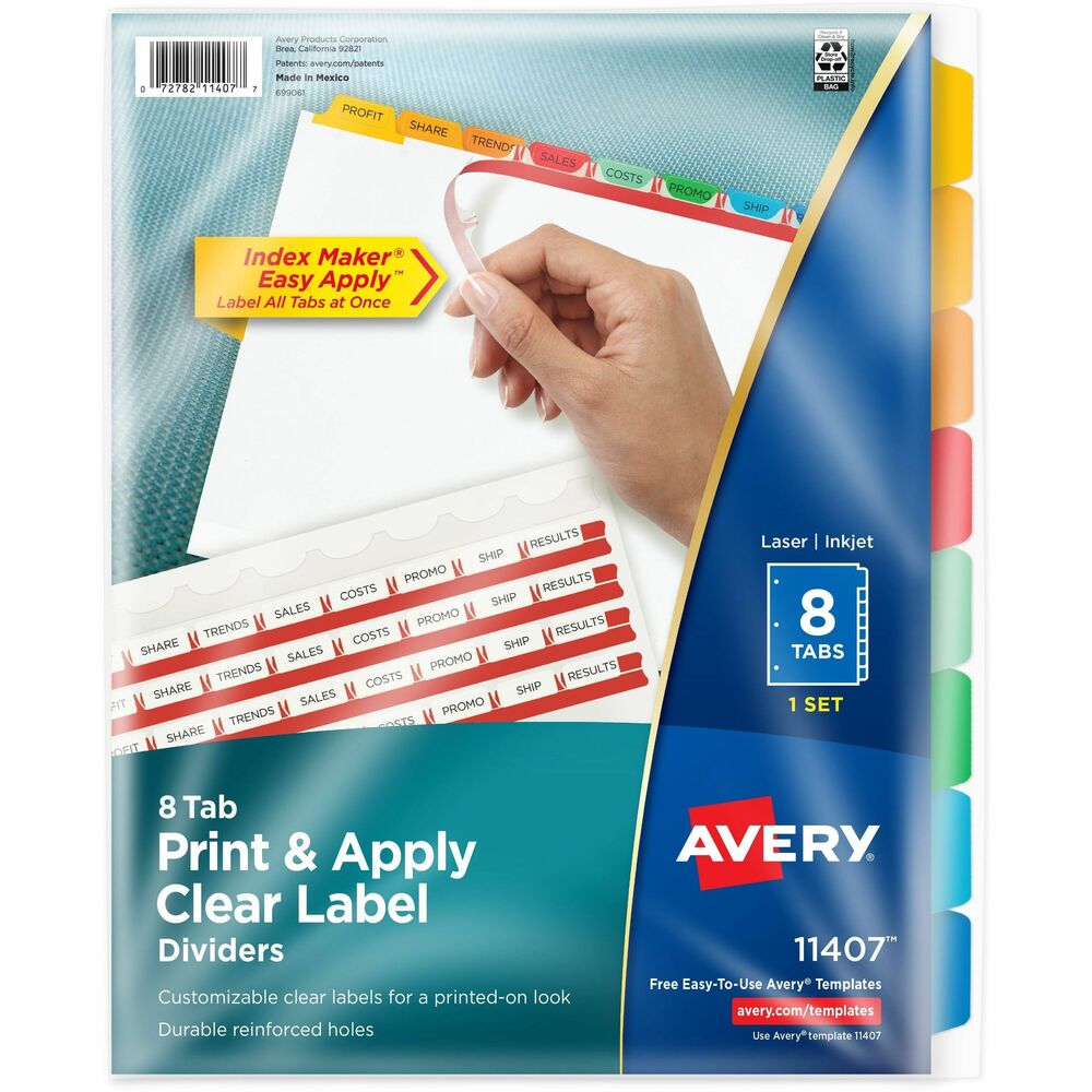 AVE11407 - Make professional-looking dividers with your own tab titles. Label all tabs at once with Easy Apply clear labels. Perfectly align tab labels and label multiple sets quickly with Easy Apply label strips. Label sheet for labeling tabs individually is included in every pack. Format the clear tab labels using your existing software and inkjet or laser printer. Avery offers many easy-to-use templates for Microsoft Word and other popular software programs. Great for larger projects requiring more than one divider set. Three-hole punched dividers have a reinforced binding edge and are designed for use with three-ring binders. More from the Manufacturer