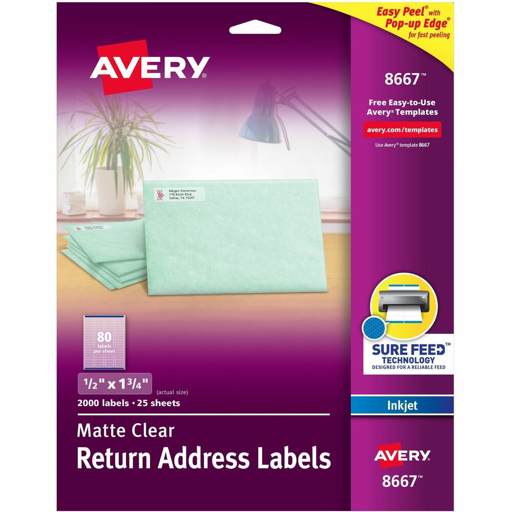 AVE8667 - Create professional-looking labels quickly with Easy Peel Mailing Labels. For fast peeling, bend the label sheets to expose the Pop-up Edge. Labels virtually disappear on colored and textured surfaces. Labels have permanent adhesive and are jam-free and smudge-free. They are perfect for creating labels for addressing, shipping and organizing. Perforated letter-size sheets tear so the edge of each self-adhesive label hangs over the sheet backing for easy access. Labels are compatible with inkjet printers. Avery offers many easy-to-use, online templates. More from the Manufacturer