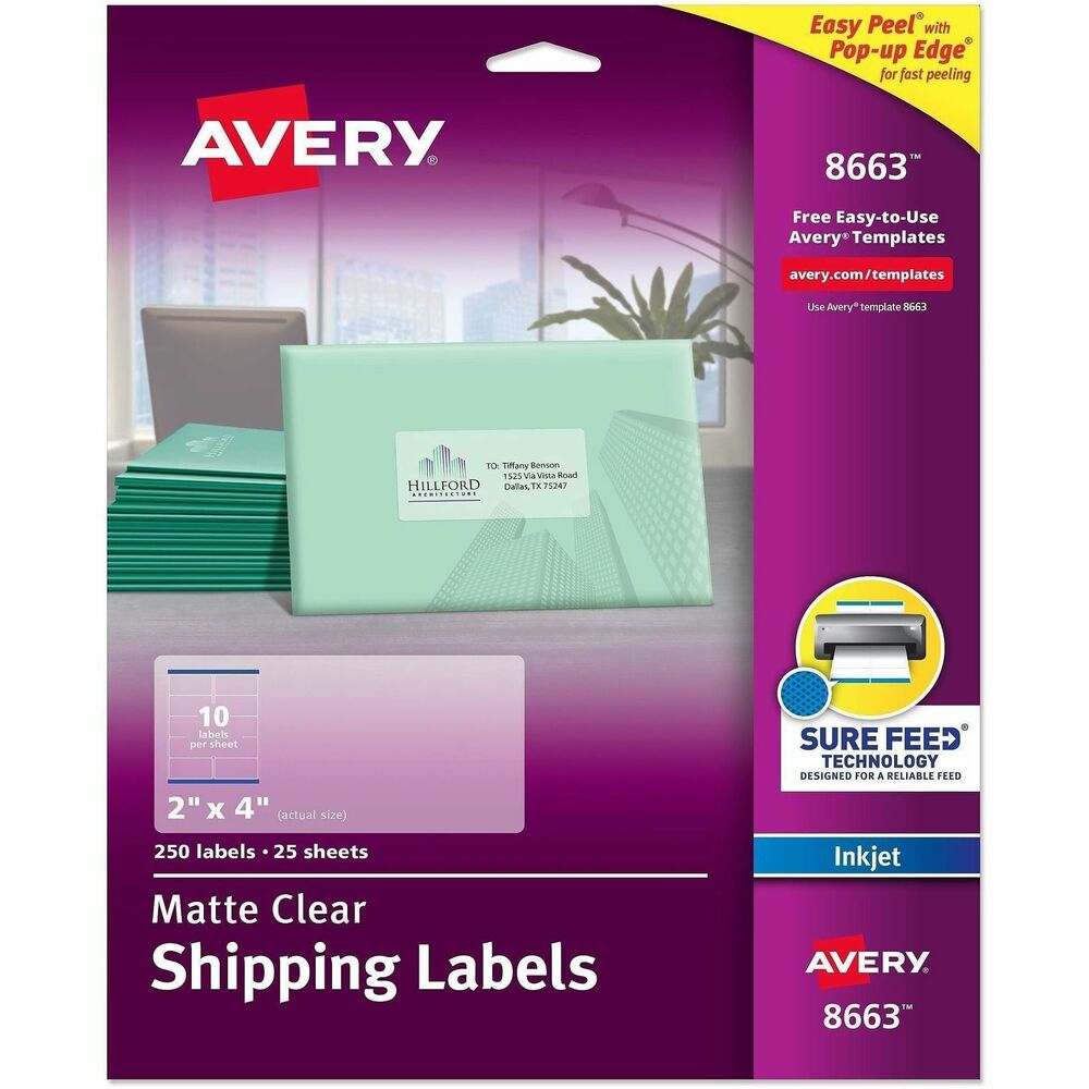 AVE8663 - Elevate your mailing and packaging with this pack of 250 Avery 8663 Matte Clear Shipping Labels. These 2" x 4" frosted clear printable labels blend into white, textured, or light-colored paper, offering a polished, printed-on appearance, perfect for adding a sophisticated touch to envelopes, packages, product labels, promotional materials, and more. Ultrahold permanent adhesive guarantees Avery labels stick securely to various surfaces, including paper, cardboard, plastic, glass, film, and painted metals, while the convenient Easy Peel design makes application quick and effortless. Just bend the label sheet, peel off your labels, and fold the sheet back flat. Optimized for inkjet printers, these label sheets feature Sure Feed technology that ensures a reliable feed through your printer, reducing misalignments and printer jams for crisp, hassle-free printing. You can also personalize your sticker labels by using Avery Design & Print Online and print customized labels on demand. Choose from thousands of available designs and use our easy-to-use tools, like our Mail Merge feature, which can quickly import names and addresses from a spreadsheet. Excellent for shipping, organizing, and branding, Avery shipping labels are the perfect solution for any environment and application. Take the hassle out of labeling and discover the difference Avery labels can make. More from the Manufacturer