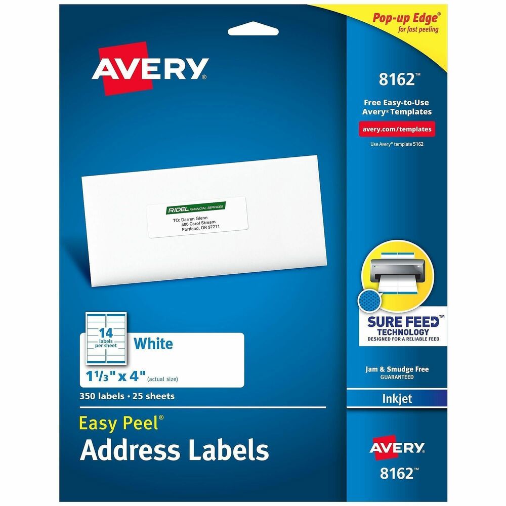 AVE8162 - Easy Peel White Address Labels are great when you want to create professional labels quickly and easily. They're perfect for high-volume mailing projects, labeling bottles, Ball and Mason jars, food containers, bath and beauty products, product branding, event decorations, party favors and crafts. Sure Feed technology is designed for a reliable feed through your printer, helping prevent misalignments and jams. The patented Easy Peel feature makes applying these labels a breeze. Simply bend the label sheet to expose the Pop-up Edge, peel off your label and fold the sheet back to flat. To easily customize your labels, use Avery's free online templates and designs. Each sheet includes 14 labels that each measure 4" wide x 1-1/3" high. More from the Manufacturer