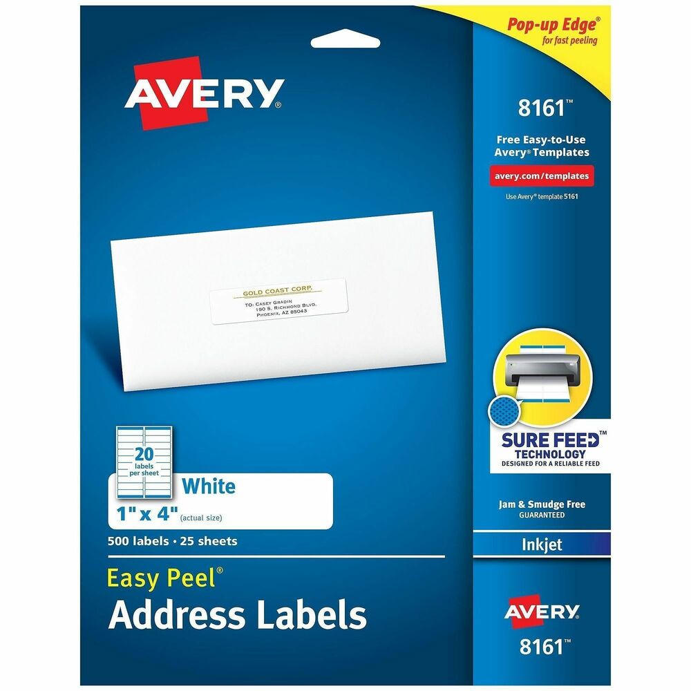 Avery® Easy Peel White Inkjet Mailing Labels - 1" Width x 4" Length - Permanent Adhesive - Rectangle - Inkjet - White - Paper - 20 / Sheet - 25 Total Sheets - 500 Total Label(s) - 500 / Pack