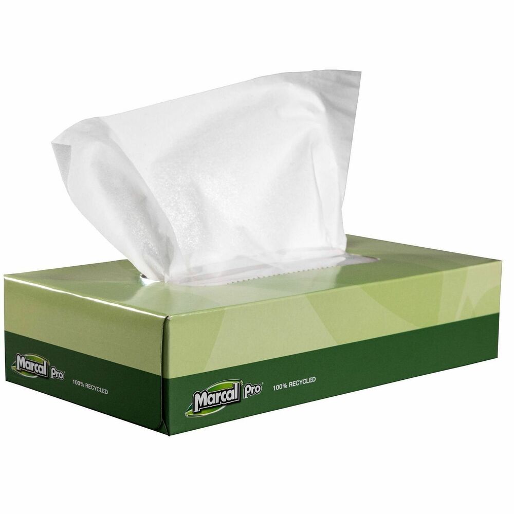MRCNP5701 - Recycled, two-ply Facial Tissues easily dispense from convenient, flat pop-up boxes. Soft-yet-absorbent and virtually lint-free, these hypoallergenic tissues are whitened without chemicals containing chlorine bleach. Tissues also have no added dyes or fragrances. Use at home or in office, hospitality or healthcare environments.