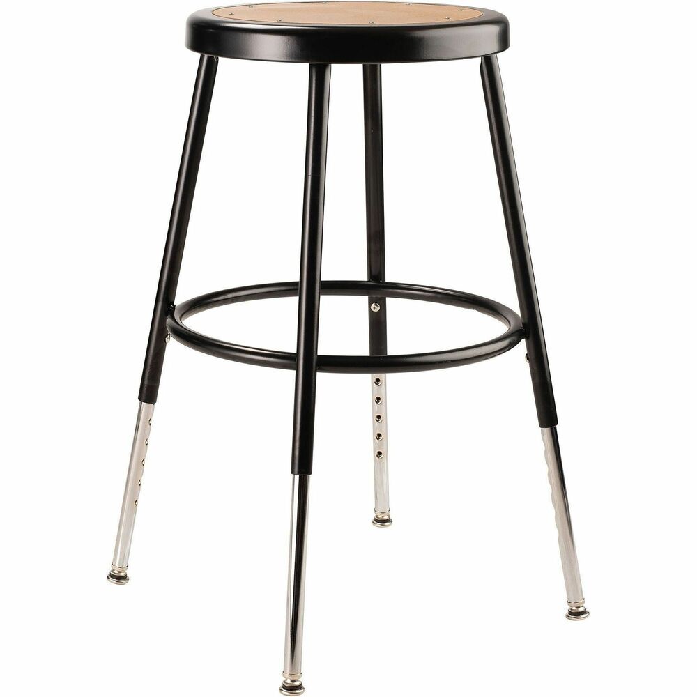 NPS6218H10 - 6200 Series heavy-duty stools offer stable seating for hands-on educational settings like art rooms, science labs, home economics or shop classrooms. Reliable, durable construction features 18-gauge, steel-tubing frames welded to a 14" diameter seat pan. Round Masonite seats will not warp, chip or crack and provide years of dependable use. Footrest rings securely bond to each leg with four spotwell contact points. Height-adjustable legs extended from 18.5" to 26.5". 