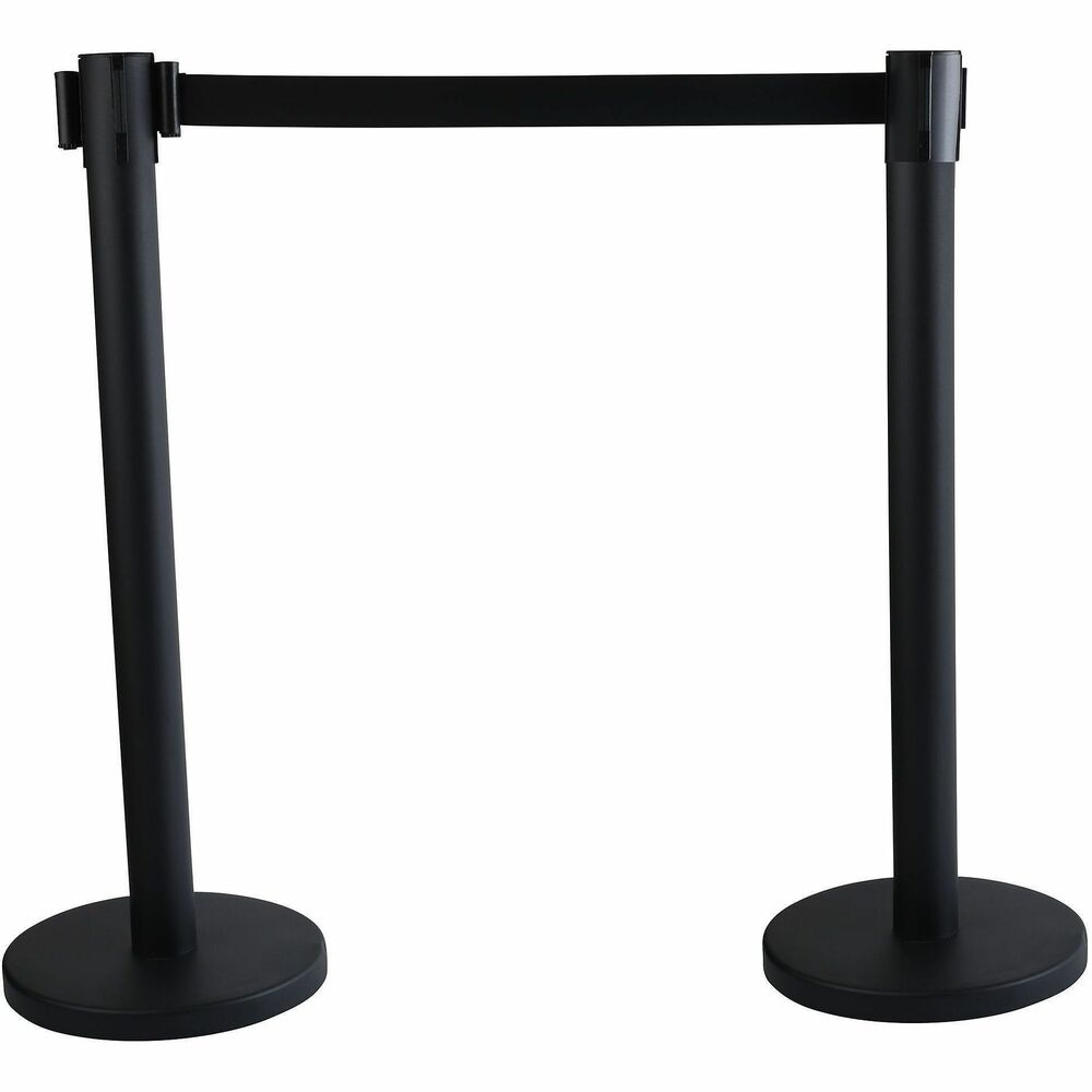 TCO16600 - Economical Crowd Control Stanchions feature a black belt that extends up to 9.5' and retracts slowly and safely. Bases are weighted with sand, which, unlike bases weighted with concrete, will not crack.