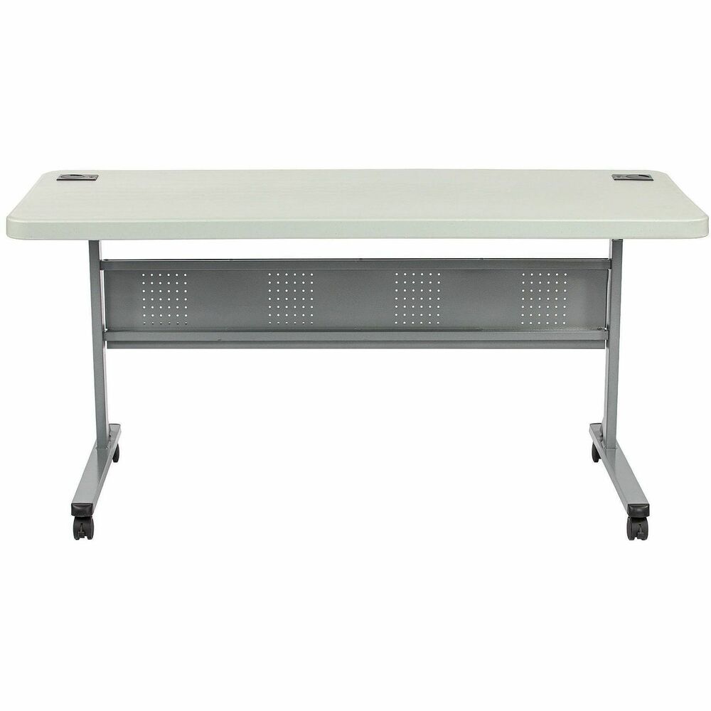NPSBPFT2460 - Flip-N-Store flipper table provides convenient, versatile usable space for many environments, like training/conference rooms or seminars. Smoothly textured, high-density plastic tabletop flips open and closed using a dual-lever mechanism for convenience and easy storage. Simple-to-clean, lightweight tables nest to save space and roll with ease on four 2" casters (two locking). Reversible modesty panel made from perforated steel features built-in cable channels and removable dual grommet holes for wire management and convenient charging. Table supports up to 700 lb. 