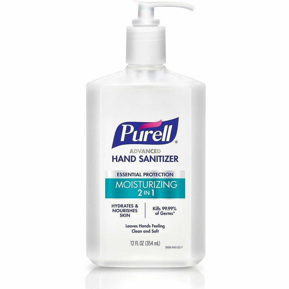 GOJ369812 - PURELL 2-in-1 Moisturizing Advanced Hand Sanitizer eliminates germs and rejuvenates skin. Sanitizer kills 99.99 percent of most common illness-causing germs. Unique blend of moisturizing ingredients hydrates skin with every use. Residue-free formula leaves hands feeling clean and soft - no sticky feeling. Convenient size works perfectly for reception areas, conference rooms, breakrooms and desks.