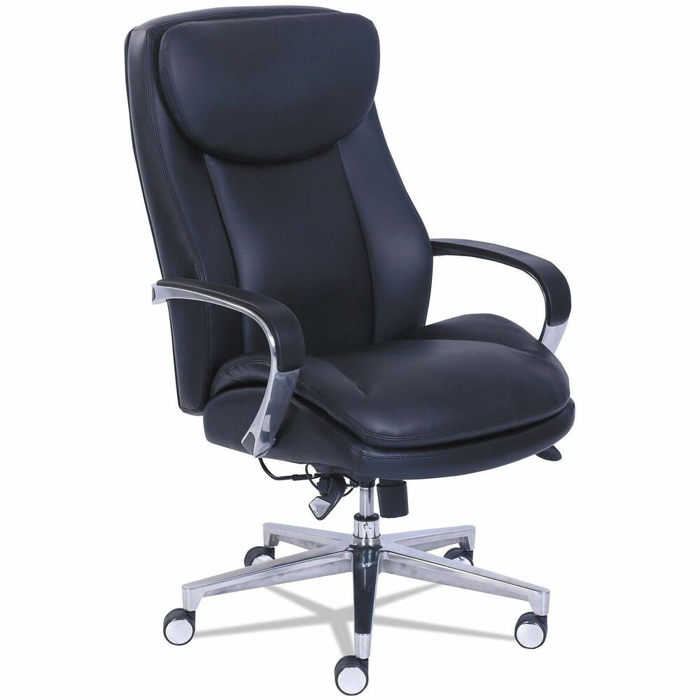 LZB48957 - Dynamic Lumbar Support, DLS, promotes and maintains ideal spine curvature. The lumbar self adjusts to different posture states as you recline. Premium La-Z-Boy Commercial ComfortCore with gel memory foam seat construction for added comfort and heat dispersal. Upholstered in commercial grade black bonded leather. Aluminum arms with PU arm pads. Five-star aluminum base with casters for easy mobility. Cable actuated seat plate for seat height adjustment and tilt function. Supports up to 300 lbs.