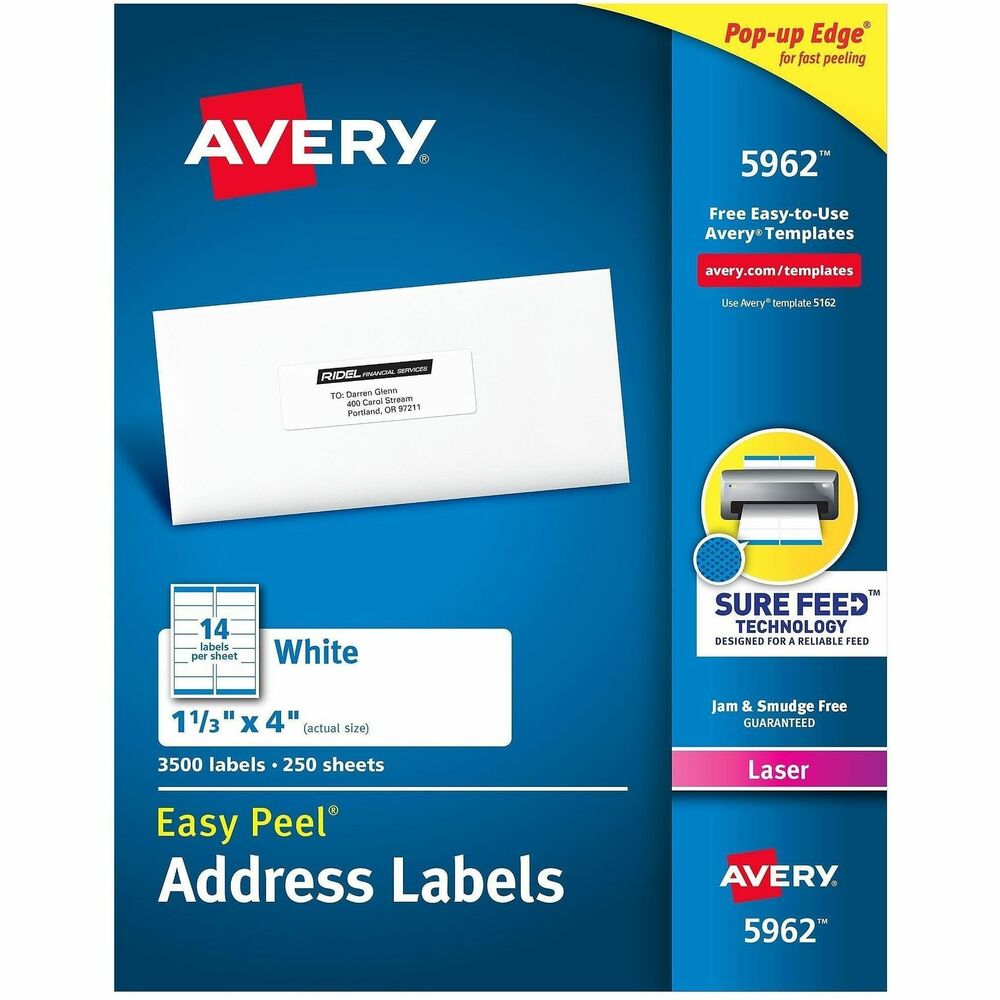 AVE5962 - Easy Peel White Address Labels are great when you want to create professional labels quickly and easily. They're perfect for high-volume mailing projects, labeling bottles, Ball and Mason jars, food containers, bath and beauty products, product branding, event decorations, party favors and crafts. Sure Feed technology is designed for a reliable feed through your printer, helping prevent misalignments and jams. The patented Easy Peel feature makes applying these labels a breeze. Simply bend the label sheet to expose the Pop-up Edge, peel off your label and fold the sheet back to flat. To easily customize your labels, use Avery's free online templates and designs. Each sheet includes 14 labels that each measure 4" wide x 1-1/3" high. More from the Manufacturer