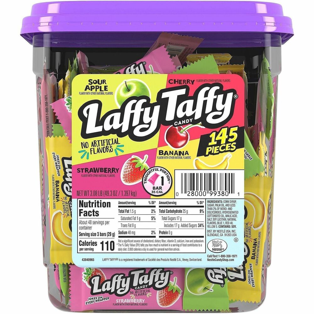 GRR20900119 - Laffy Taffy will cheer you up, no matter what kind of day you're having. Sweet, fruity chewy candies come individually wrapped for pick-me-ups anywhere, any time. Fruity Flavors include: sour apple, cherry, banana and strawberry. Unfold the wrapper for an extra chuckle - every Laffy Taffy comes with a funny joke inside. 