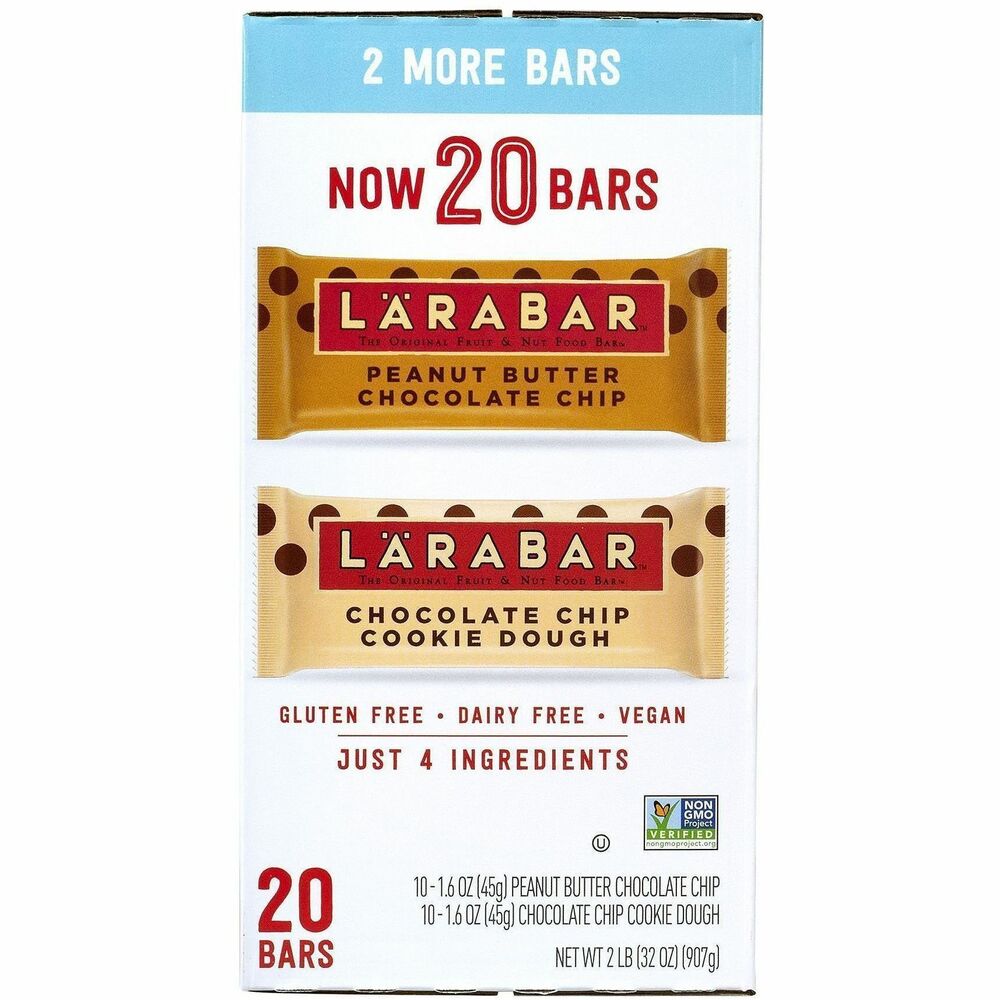 GRR22000447 - Choose LARABAR for a nutritious, satisfying snack packed with rich, chocolatey flavor. Enjoy two classic varieties - Peanut Butter Chocolate Chip and Chocolate Chip Cookie Dough - crafted from simple, wholesome ingredients. Snack guilt-free with gluten-free, dairy-free, vegan, kosher fruit and nut bars. Snack bars come individually wrapped for easy, on-the-go convenience and work perfectly for work breakrooms and vending machines. Grab a box, unwrap pure goodness and savor every bite.