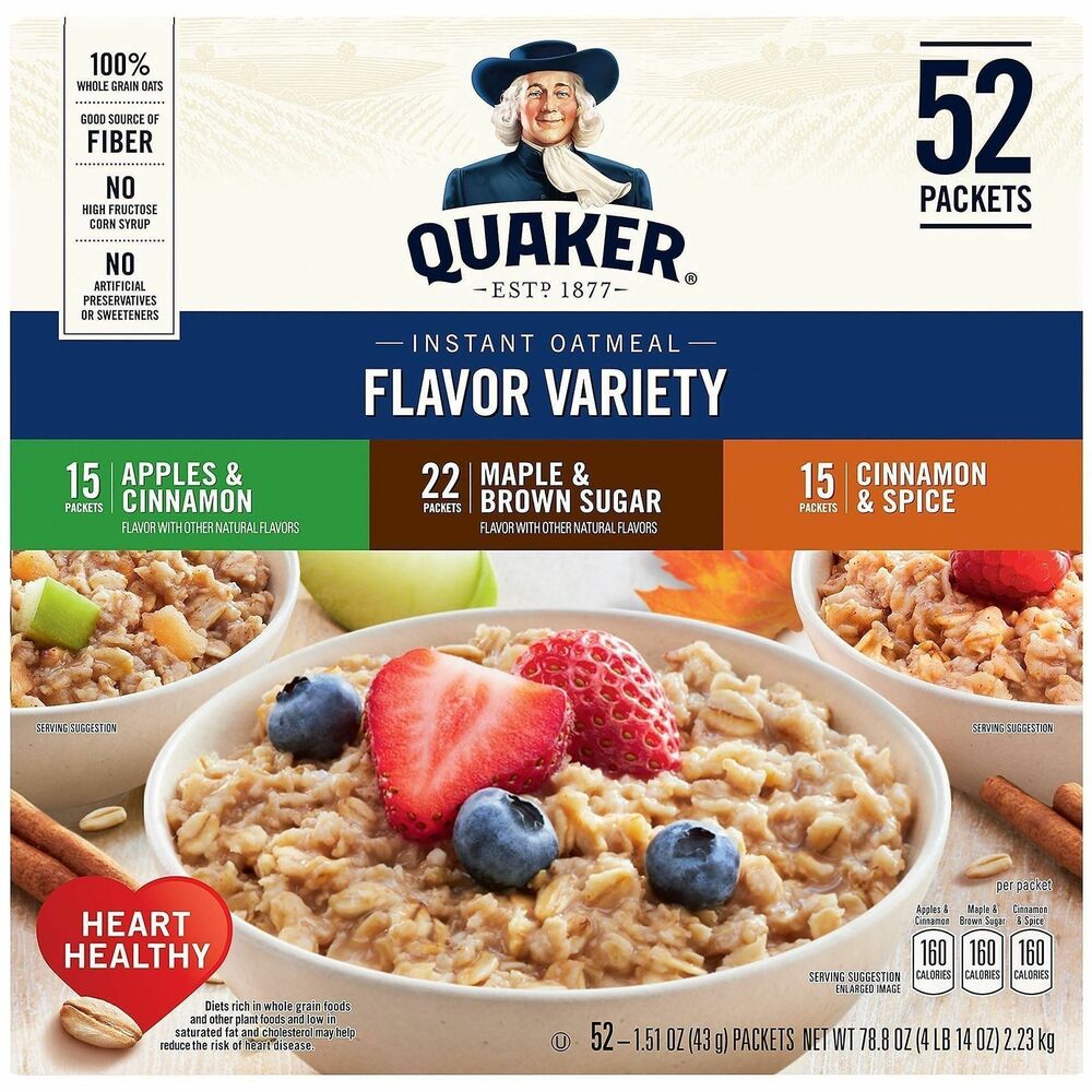 GRR22000482 - Choose Quaker Instant Oatmeal for fast, delicious and filling breakfast. Variety box assorted flavors include: Maple & Brown Sugar, Apples & Cinnamon and Cinnamon & Spice. Each serving delivers warm, satisfying flavor made with whole grain oats that support heart health. Stock your home kitchen or office breakroom with convenient packets built for busy mornings. Start strong, feel full and keep moving without compromise.