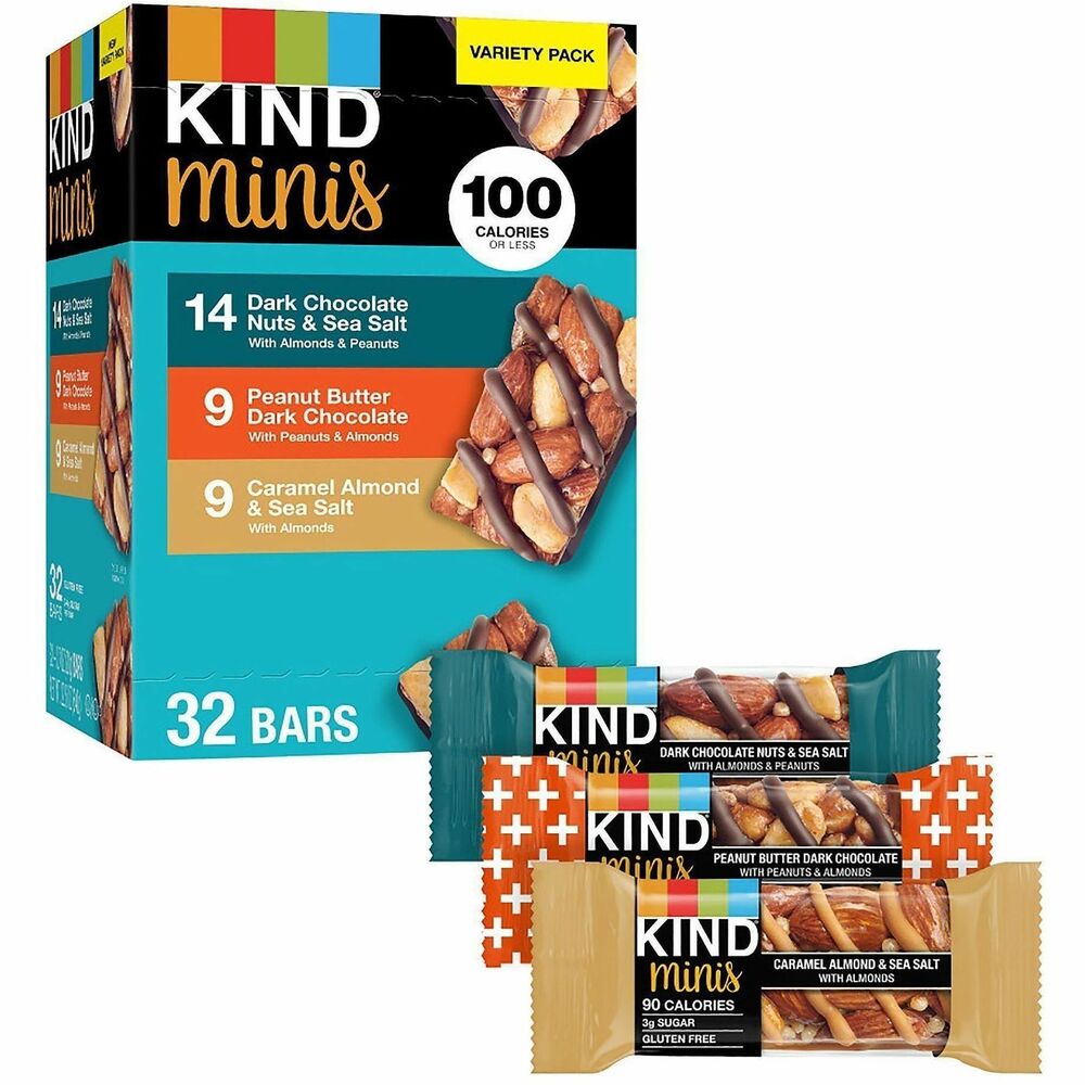 GRR22000799 - Savor wholesome crunch and delicious flavor with KIND Minis Variety Pack. Indulge in flavors like Dark Chocolate Nuts & Sea Salt, Peanut Butter Dark Chocolate and Caramel Almond & Sea Salt bars without any guilt. Half-sized versions of classic KIND bars feature almonds or peanuts as primary their ingredient, balancing sweet and salty flavors in every bite. Choose rich chocolate, nutty warmth or caramel-infused delight for portion-controlled snack built for midday boost or quick indulgence.