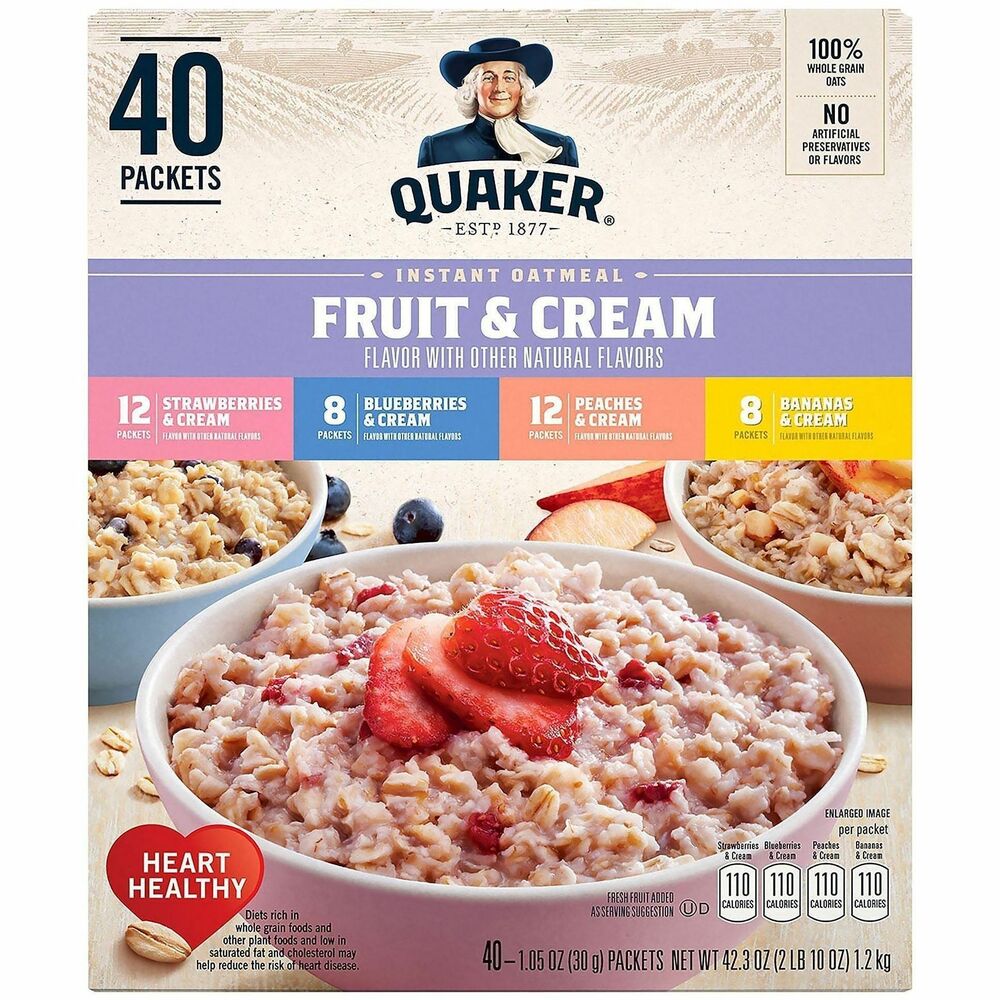 GRR22001144 - Fuel your mornings with Quaker Oats Instant Oatmeal Fruit and Cream Variety Pack. Enjoy flavors like strawberries and cream, blueberries and cream, peaches and cream and bananas and cream. Support your digestive health with fiber-rich, 100 percent whole-grain oats. Healthier breakfast alternative also comes low in saturated fat and cholesterol to reduce heart disease risk. Enjoy clean ingredients with no artificial preservatives or flavors. Oatmeal is Kosher-friendly. Each serving delivers 2 grams of fat and only 110 calories, built for steady energy and balanced nutrition throughout the day.