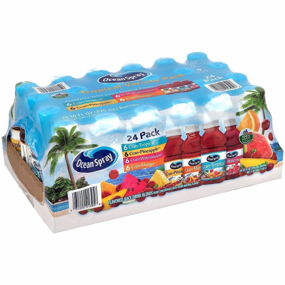 GRR22002377 - Ocean Spray Tropical Variety Pack puts a new twist on cranberry with four great flavor combinations that bring you paradise in every bottle. Variety pack flavors include Cran Tropical, Cran Pineapple, Cran Mango and Cran Watermelon. Low calorie drink with 100 percent Vitamin C contains no high-fructose corn syrup for tasty refreshment you can feel good about. Conveniently sized bottles let you enjoy at home or take on-the-go.