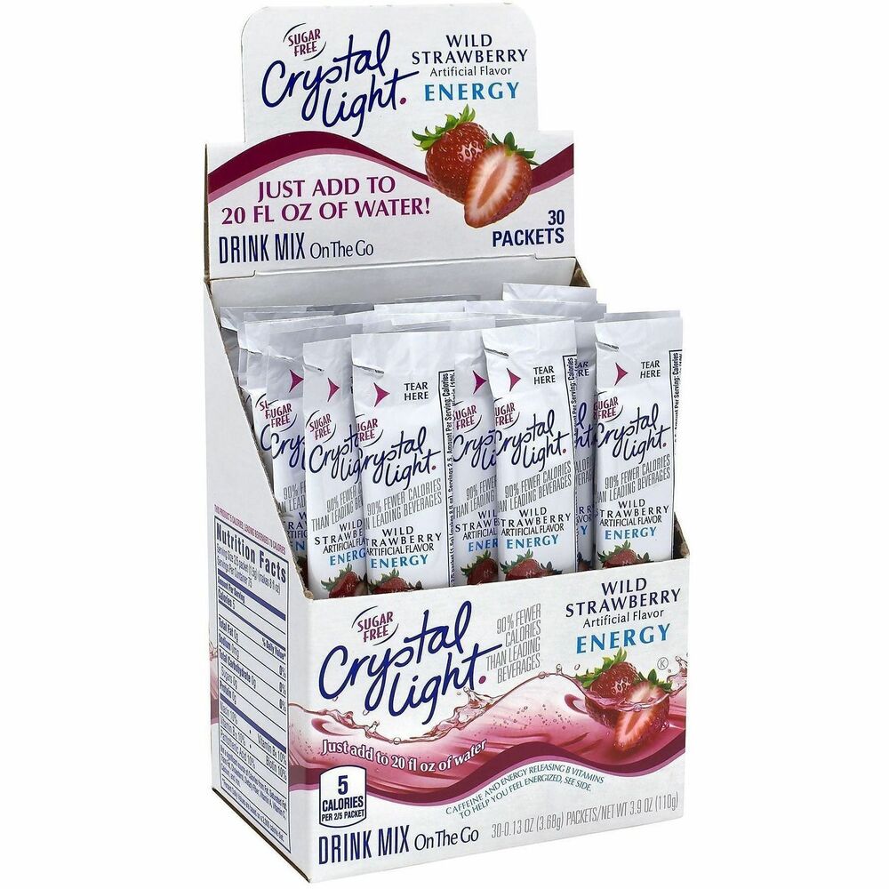 GRR30700158 - Enjoy a drink with the delicious, refreshing flavor of Crystal Light for the perfect pick-me-up during long days or when you need a little energy. Wild Strawberry flavor packets contain 30mg of caffeine per serving. Mix by the bottle or pitcher. Just add the packets to water. These packets are all you need to give you a boost whether you're on the go, at your desk or enjoying a run.