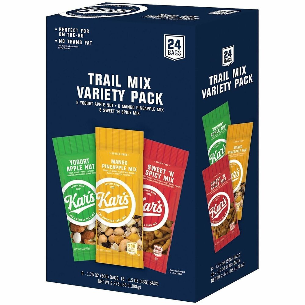 GRR28800012 - Kar's Trail Mix contains crunchy, sweet mixes of nuts, chocolate and dried fruits perfect for getting an energy boost on-the-go. Variety pack contains three flavors: Sweet n' Spicy Mix, Mango Pineapple Trail Mix and Yogurt Apple Nut Mix. They're perfect for the office to munch on between meetings or grabbing when you're headed out the door. These great-tasting trail mixes are bursting with natural protein and delicious flavor. This variety pack is a must-have high-protein snack perfect sating your cravings.