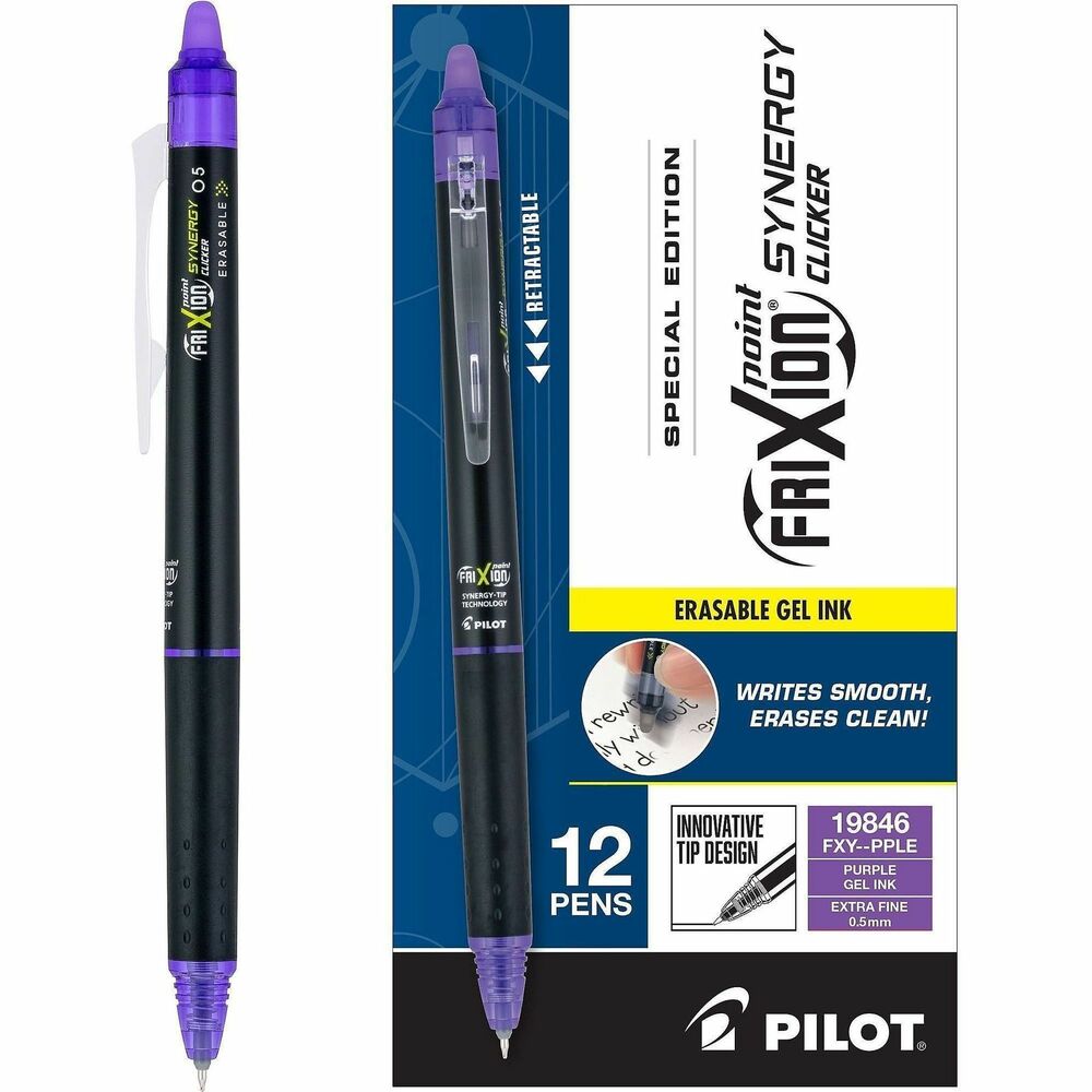 PIL19846 - FriXion Point Synergy Clicker Erasable Gel Pens feature an innovative, patented, Synergy Tip design for detail, durability and incredibly smooth writing. Gel ink erases clean so you can write, erase and rewrite repeatedly without damaging documents. Unique, thermosensitive gel formula delivers bold, vibrant color that disappears completely with erasing friction. Extra-fine tip is perfect for precision writing. Press the clip down to retract the pen.