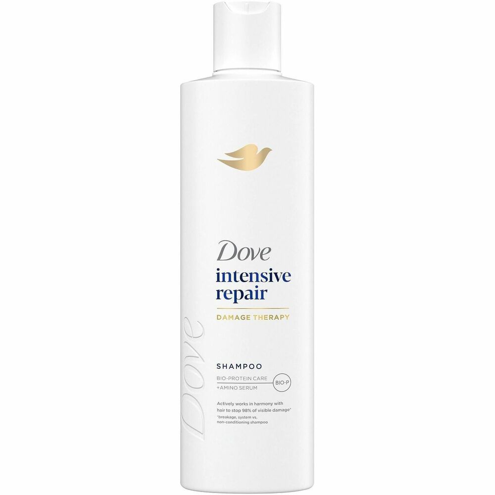 UNI08053 - Dove Intensive Repair hair shampoo renews with every wash. Hair appears 10 times stronger when using conditioning shampoo. Specially engineered formula with Glutamic Amino Serum stops 98 percent of visible hair damage due to breakage. Bio-Protein Care technology regenerates hair strength with every wash.   