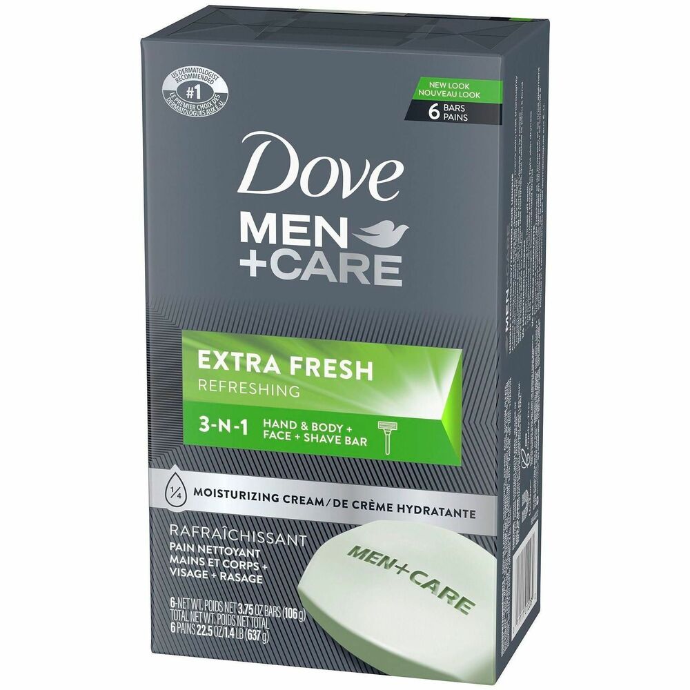 UNI01208 - Dove Men+Care Extra Fresh Body and Face Bar deeply cleans and hydrates skin, leaving skin feeling smooth and comfortable. Dermatologist recommended formula with extra moisturizer washes off easily while leaving skin soft and refreshed. Three-in-One cleanser doubles as shaving cream for a hydrated feel after a close shave.   