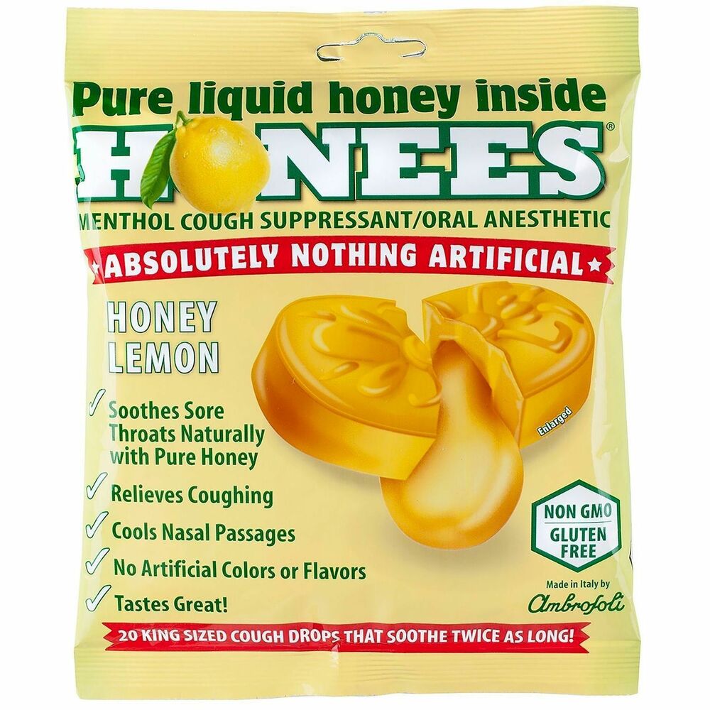 GRR29300005 - Soothe your throat with these Honees Cough Drops. Pouches are great to keep in your desk at work or cabinet at home. Enjoy the delicious Honey Lemon flavor and the pure liquid honey inside every cough drop. They help soothe sore throats, relieve coughs and cool nasal passages. They're also a great source of Vitamins C, B6 and B12. GMO-free, gluten-free cough drops are a must-have when you feel a sickness coming on.
