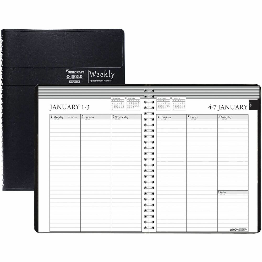 NSN6936156 - Weekly planner offers 12 months of dated planning, from January to December. Simulated-leather, embossed cover protects inner contents with a stylish finish. Paper contains 100 percent post-consumer recycled content.