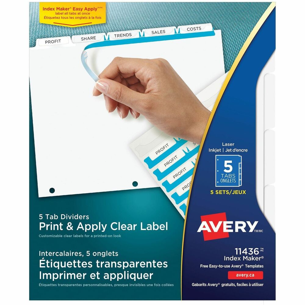 AVE11436 - Personalize your tab titles and create dividers that look professionally printed. The clear tab labels virtually disappear when applied to premium white dividers. Label all tabs at once with Easy Apply clear labels. Perfectly align tab labels and label multiple sets quickly with Easy Apply label strips. Label sheet for labeling tabs is included. Avery offers many easy-to-use templates in Microsoft Word and other popular software programs. Labels are compatible with laser and inkjet printers. Three-hole punched dividers have a reinforced binding edge and are designed for use with three-ring binders.
