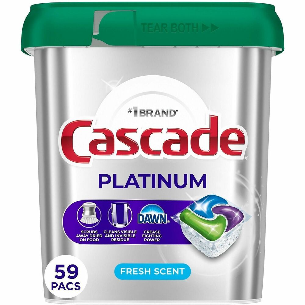 PGC15534 - Cascade Platinum ActionPacs dishwasher detergent scrubs away dried on food with no pre-washing required. The pod dissolves fast to start cleaning right away, releasing the soaking power of Dawn dishwashing liquid, while food-seeking enzymes latch on and break down food into particles so small they can flow right down the drain. Cascade Platinum dishwashing detergent is formulated to remove visible and invisible residue for gleaming glassware and dazzling dishes. Save up to 20 gallons of water per dishwasher load when you skip the pre-wash and run your dishwasher with Cascade Platinum.