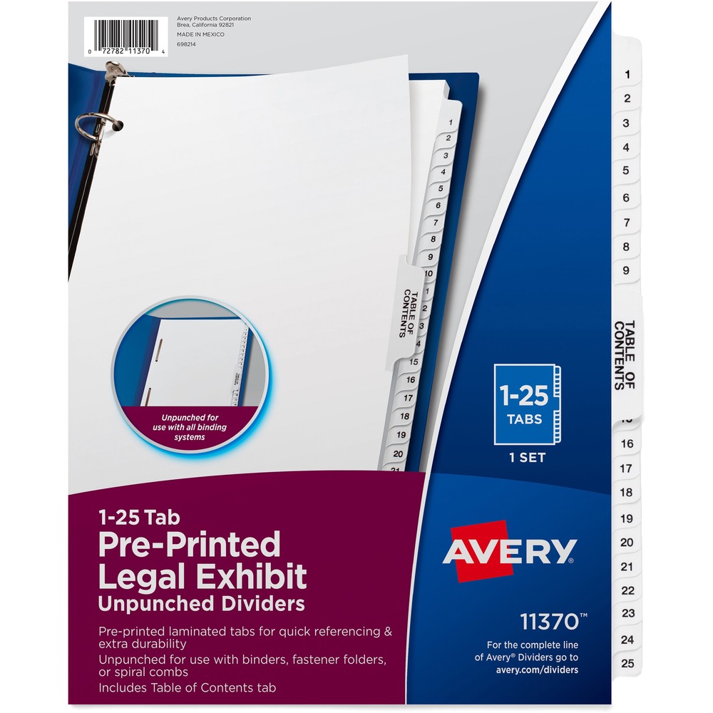 AVE11370 - Use letter-size, collated legal dividers to organize index briefs, legal briefs, mortgage documentation files, and more. White paper stock dividers feature clear, RipProof, reinforced side tabs. Tabs are numbered from 1 to 25 on both sides with Avery Style Helvetica Bold typestyle so you can easily access the documents you need. Binding edge is unpunched so indexes can fit any binding system. Design conforms to all state and federal requirements. Index dividers include a Table of Contents tab. More from the Manufacturer