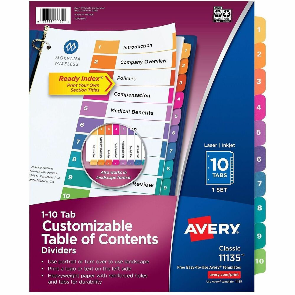 AVE11135 - Coordinated divider system makes referencing easy and delivers a professional look. The set includes a reinforced Table of Contents page, matching preprinted tab dividers in assorted colors, added tab reinforcement, double-sided hole reinforcement on tabbed dividers and paper made of heavy stock. 2-in-1 tab design lets you pick between portrait and landscape formats. Simply print the section titles onto the Table of Contents page using your inkjet or laser printer. Tab dividers are also compatible with typewriters and copiers. Dividers are three-hole punched for use in binders. Avery offers many easy-to-use templates for Microsoft Word and other popular software programs. More from the Manufacturer