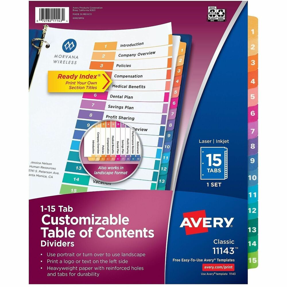 AVE11143 - Coordinated divider system makes referencing easy and delivers a professional look. The set includes a reinforced Table of Contents page, matching preprinted tab dividers in assorted colors, added tab reinforcement, double-sided hole reinforcement on tabbed dividers and paper made of heavy stock. 2-in-1 tab design lets you pick between portrait and landscape formats. Simply print the section titles onto the Table of Contents page using your inkjet or laser printer. Tab dividers are also compatible with typewriters and copiers. Dividers are three-hole punched for use in binders. Avery offers many easy-to-use templates for Microsoft Word and other popular software programs. More from the Manufacturer