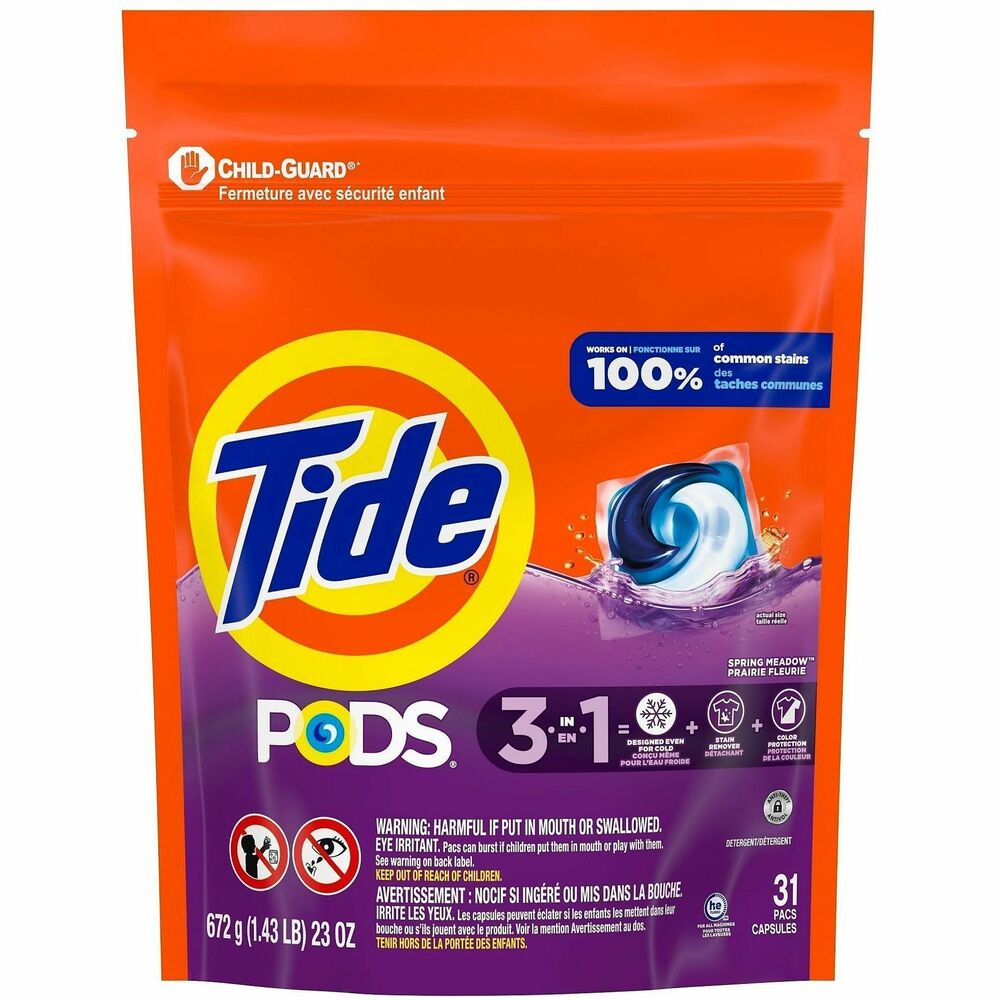 PGC93123 - Discover effortless, powerful cleaning with Tide PODS laundry detergent packs. Powerful stain remover works on 100 percent of common stains, even in cold water. Three-in-one concentrated formula combines stain removers, odor fighters and color protectors for exceptional cleaning performance in one simple step. Simply toss PODS in your washer, add clothes and start your wash cycle. Quick-dissolve laundry detergent packs activate in any wash temperature. Concentrated detergent ensures you get perfectly clean laundry with long-lasting freshness, every time. Enjoy springtime freshness with Tide Spring Meadow scent.