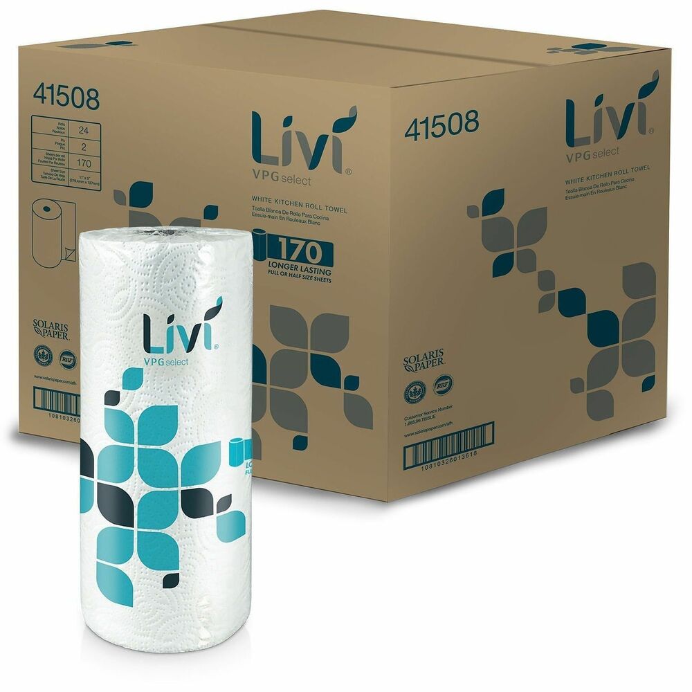 SOL41508CT - Livi VPG Select Kitchen Roll Paper Towels consistently delivers high-quality performance. Two-ply, wheel-embossed paper towels deliver increased absorbency and strength with upscale design. Choose from half sheets or whole sheets for perfect amounts to get each job done. Use in breakrooms, kitchens, food-service areas and more. Materials derived from Rapidly Renewable Fiber (RRF) provide as environmentally friendly option for cleaning up tough messes.