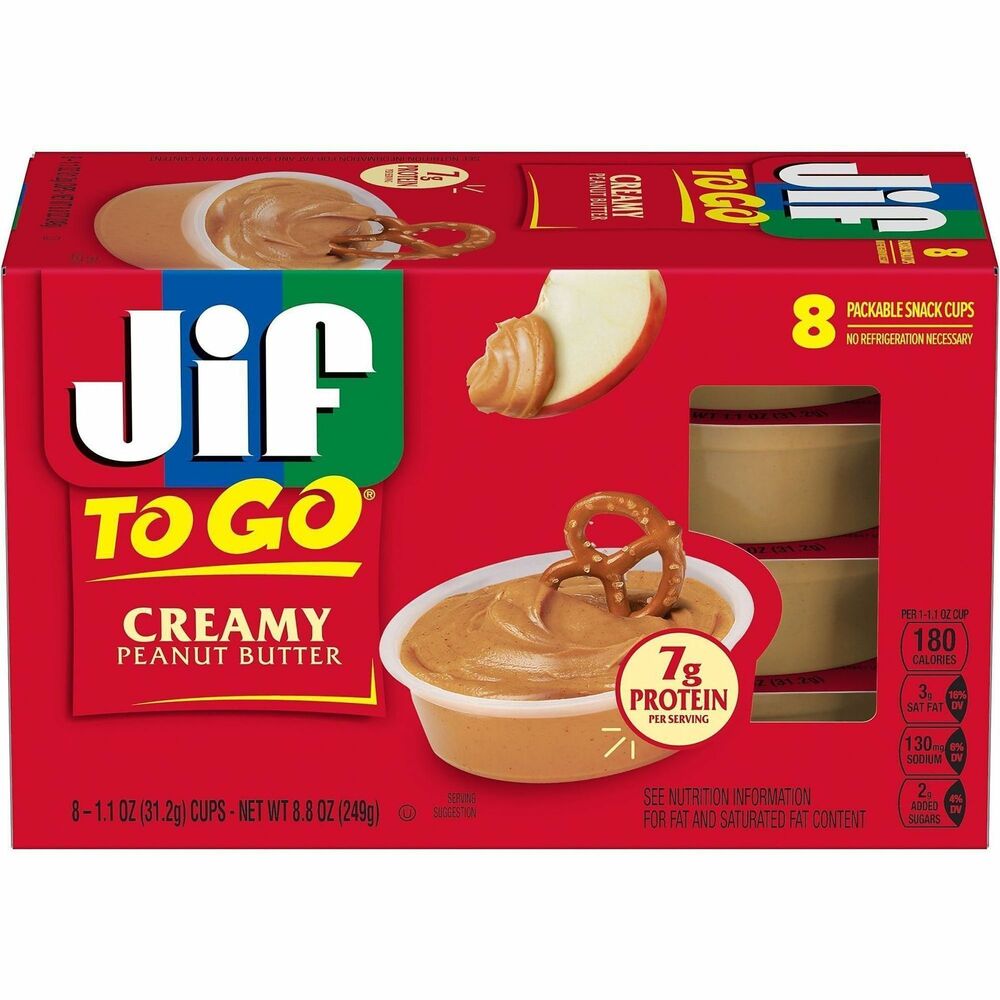 SMU65642 - Convenient, packable snack cups of Jif To Go let you bring your favorite creamy peanut butter anywhere, any time. Each single-serve cup comes packed with fresh-roasted peanut taste. Gluten-free peanut butter delivers 7g of protein in every cup. Easily dip fruit, veggies, cookies, crackers and more. 