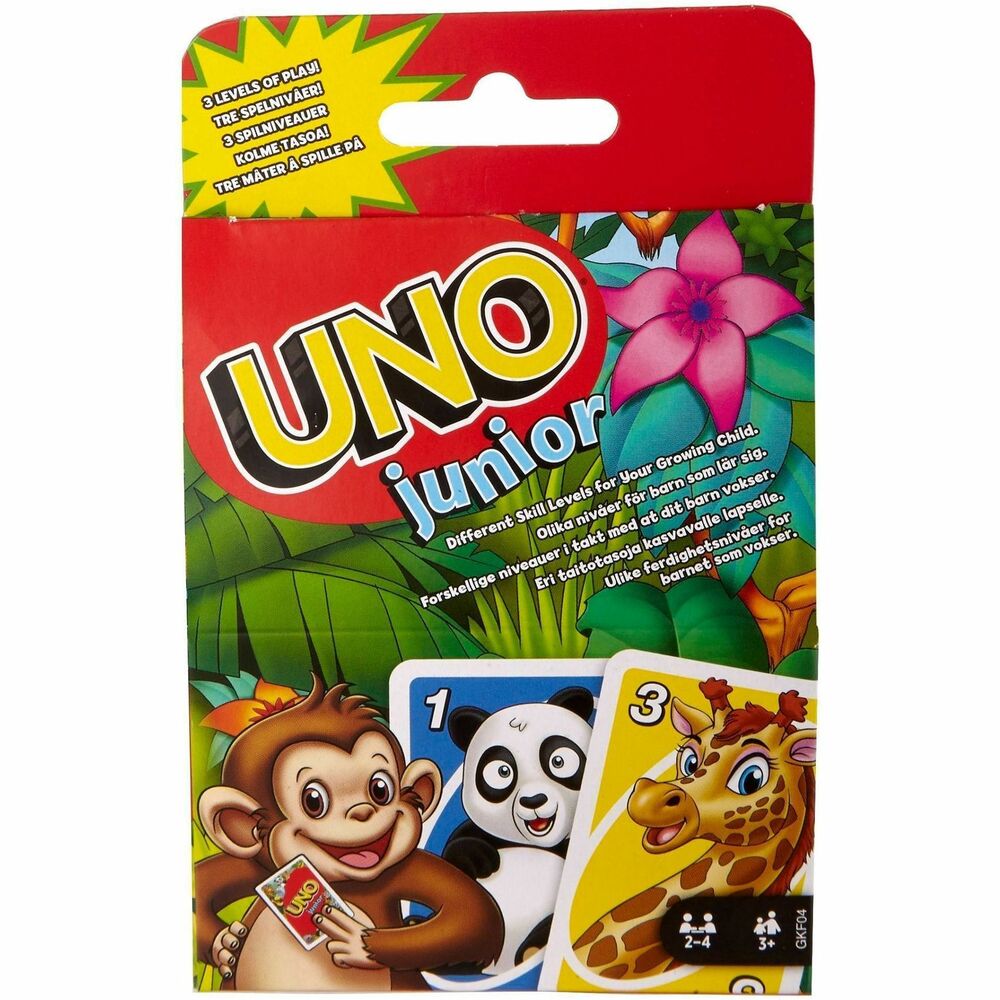 MTTGKF04 - This simplified UNO card game for younger players has multiple levels of play so kids can grow with the game. Cards feature adorable zoo animal graphic for each number 0 through 8, making matching easy for kids as young as 3 years old. Three levels of play allow the game to keep pace with a child's development. Players race to get rid of all their cards by matching them to the card shown on top of the deck, either by color or by animal / number. When you're down to one card, don't forget to yell 'UNO!' Colors and decorations may vary.It's the UNO game everyone loves but simplified so kids 3 years and older can play!Each of the number cards has a matching animal illustration so kids who don't know their numbers yet can still play!Level One is simple matching, Level Two introduces action cards to the deck and Level Three adds penalty cards to the mix.When you're down to one card, don't forget to yell 'UNO!'UNO Junior accommodates 2 to 4 players. Although it's perfect for younger UNO fans, its adorable zoo animal graphics will have everyone wanting to play!
