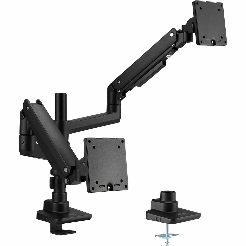 NSN7256061 - Kensington Heavy-Duty Dual Monitor Arm adjusts flat or curved monitors with one-touch ease, thanks to its fully articulating gas-spring design. Easily mount with c-clamps or grommets. Heavy-duty arm rotates and swivels 360 degrees with tilt adjustment. Use to support dual monitors up to 49" and 44 lb. Attach arm Vesa plates and ergonomically adjust for height and screen distance. Configure to use with two monitors or one. Included laptop tray and cord management system provide extra storage and organization opportunities.
