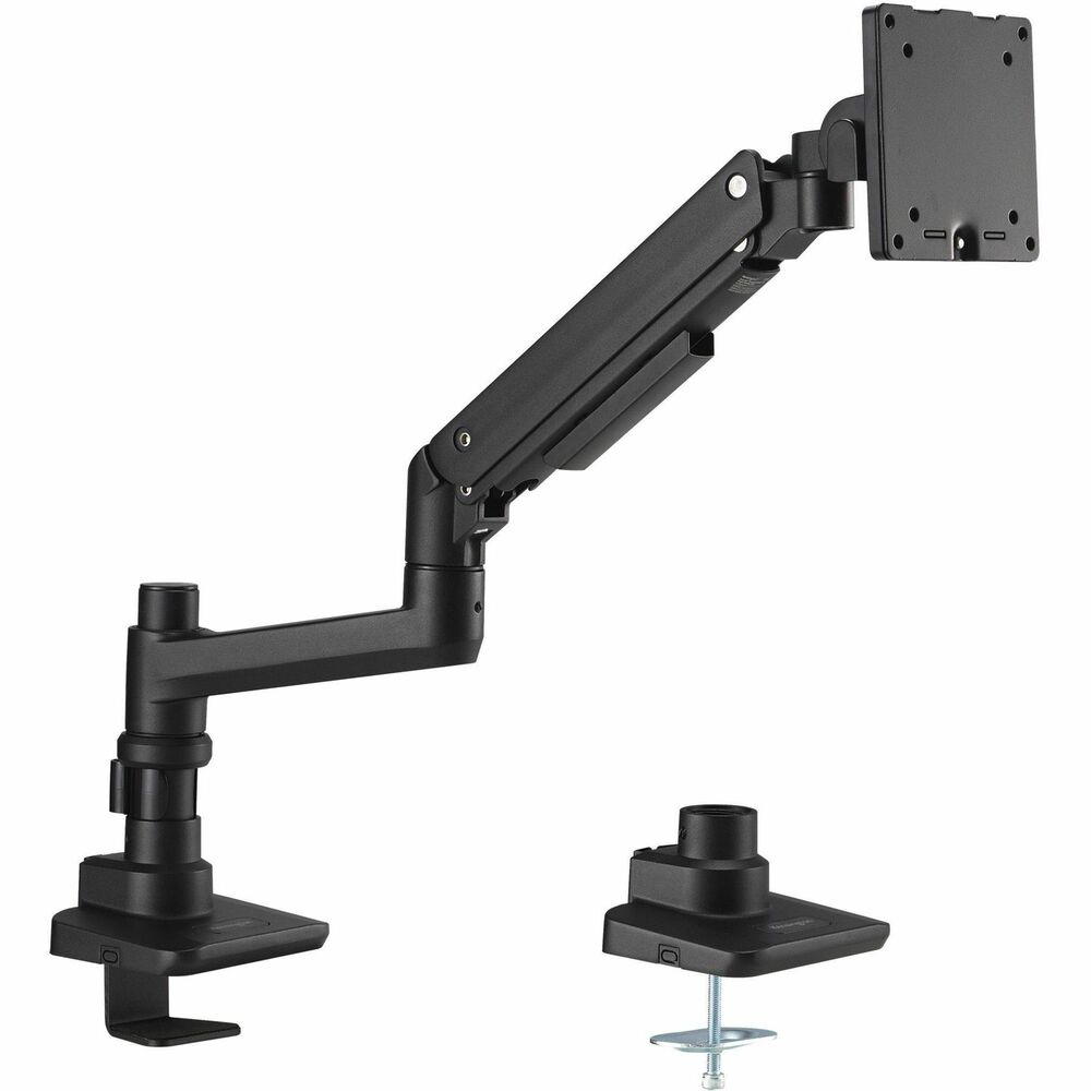 NSN7256060 - Kensington Fully Articulating Gas-Spring Ergonomic Monitor Arm adjusts flat or curved monitors with one-touch ease. Easily mount with c-clamps or grommets. Heavy-duty arm rotates and swivels 360 degrees with tilt adjustment. Use to support single monitors up to 49" and 44 lb. Attach arm Vesa plates and ergonomically adjust for height and screen distance. Cord management systems included.