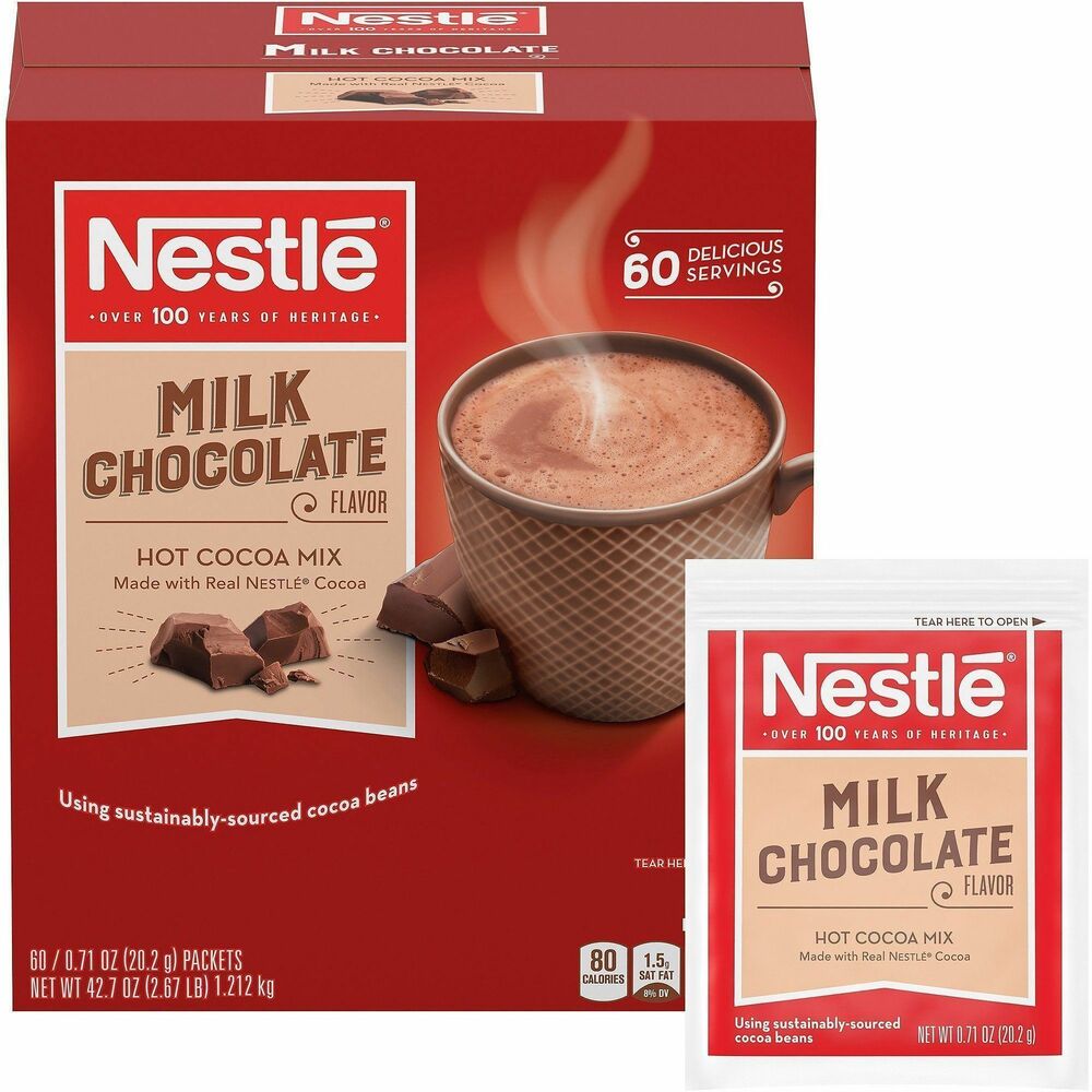 NES26791CT - Nestle Milk Chocolate Hot Cocoa is a cost-effective, rich-tasting, chocolatey hot cocoa mix. Kosher dairy formula is made with real Nestle cocoa using sustainably sourced cocoa beans. Hot chocolate is part of the Nestle Cocoa Plan to promote better farming, better lives and better cocoa. Just add hot water or milk and treat yourself to a delicious, 99.9 percent caffeine-free cup of cocoa. Single-serve hot cocoa packets are perfect for offices, cafeterias, restaurants and more.