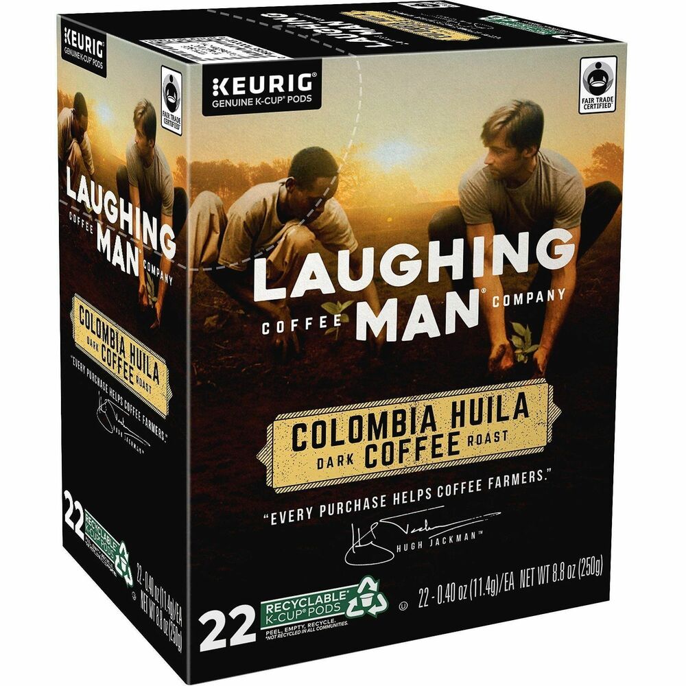 GMT8337CT - Laughing Man Colombia Huila Coffee is a dark-roast coffee of uncommon complexity. It is produced from beans of great character, resulting in an intense deep-roasted flavor, black cherry sweetness and a dark chocolate finish. The Fair Trade Certified, caffeinated coffee is Orthodox Union Kosher. It comes in airtight, recyclable K-Cups for single-cup brewing systems. K-Cups are easy to use. Simply shake and insert into your Keurig coffee brewer for a delicious cup of dark-roasted coffee.   