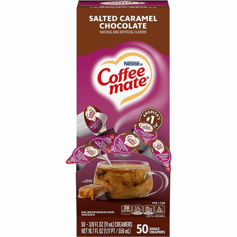 NES77197CT - Coffee mate Salted Caramel Chocolate liquid creamer combines rich, creamy chocolate with delightful, salted caramel for a decadent experience. The single-serve cups in a convenient dispenser are great for your breakroom or reception area. With this popular creamer in the office, everyone can enjoy coffeehouse indulgence without ever leaving the building. No refrigeration is necessary. Creamer is Kosher Dairy, lactose-free and gluten-free.   