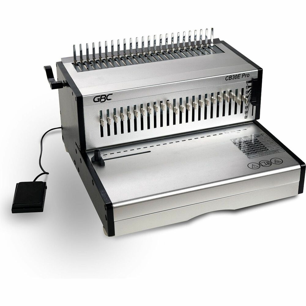 GBC200005 - Punch and bind documents all in one place with the GBC CombBind CB30E Pro Punch/Bind Machine. Perfect for busy offices and print shops, this all-in-one machine features an electric punch that handles up to 30 sheets at a time and a manual binding function that binds up to 500 sheets with a 2" CombBind spine. Adjustable margin depth and disengageable pins allow for customized punching of up to 23 holes in documents up to 14" wide. A convenient foot pedal provides hands-free operation, while helpful features such as a heavy-duty casing, edge guide and high-volume, easy-access clipping tray ensure durability and efficiency for large binding projects. 