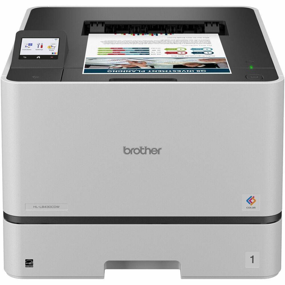 BRTHLL8430CDW - The Brother HL-L8430CDW Business Color Laser Printer is ideal for business work teams, supporting maximum productivity in high-demand environments with reliable performance. It offers fast printing with lifelike color and sharp black output for professional documents, presentations, and marketing collateral. Maximize printing budgets with included Brother Genuine standard yield toner cartridges and achieve low-cost printing using TN635XXL super high yield replacement toner cartridges. Triple Layer Security features help to keep the device secure, protect documents in transit to and from print devices, and safeguard the network against intrusions. The printer includes dual-band (2.4GHz/5GHz) wireless and Gigabit Ethernet for wireless or wired networks, plus convenient mobile device printing.