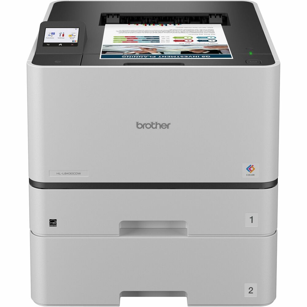 BRTHLL8430CDWT - The Brother HL-L8430CDWT Business Color Laser Printer is ideal for business work teams, supporting maximum productivity in high-demand environments with reliable performance. Reduce paper refills with dual 250-sheet and 520-sheet capacity paper trays(1). It offers fast printing with lifelike color and sharp black output for professional documents, presentations, and marketing collateral. Maximize printing budgets with included Brother Genuine standard yield toner cartridges and achieve low-cost printing using the TN635XXL super high yield replacement toner cartridges. Triple Layer Security features help to keep the device secure, protect documents in transit to and from print devices, and safeguard against network intrusions. The printer includes dual-band (2.4GHz/5GHz) wireless and Gigabit Ethernet for wireless or wired networks, plus convenient mobile device printing.