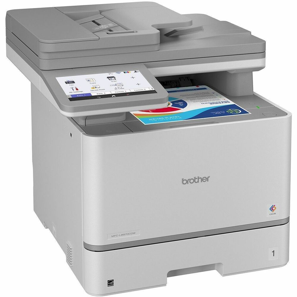 BRTMFCL8970CDW - The Brother Workhorse MFC-L8970CDW Business Color Laser All-in-One Printer is ideal for business work teams, supporting maximum productivity in high-demand environments with reliable performance. It offers fast printing and copying with lifelike color and sharp black output for professional documents, presentations, and marketing collateral, as well as advanced scanning capabilities. Maximize printing budgets with included Brother Genuine high yield toner cartridges and achieve a low total cost of ownership by using the TN637 ultra high yield replacement cartridges. Triple Layer Security features help to keep the device secure, protect documents in transit, and safeguard against network intrusions. This printer includes dual-band (2.4GHz / 5GHz) wireless and Gigabit Ethernet for wireless or wired networks, plus convenient mobile device printing and scanning.