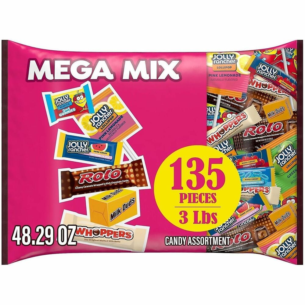 GRR24601176 - Enjoy an assortment of your Hershey's favorites with this Snack Size Mega Mix. This assortment includes both chocolate and fruity flavors to satisfy anyone's sweet tooth. This assortment includes: Jolly Rancher Misfits, Jolly Rancher Lollipops, Jolly Rancher Hard Candies, Rolos chocolate-caramel candy, Milk Duds chocolate-caramel candy and Whoppers malted milk balls candy. Share with friends, family or coworkers.