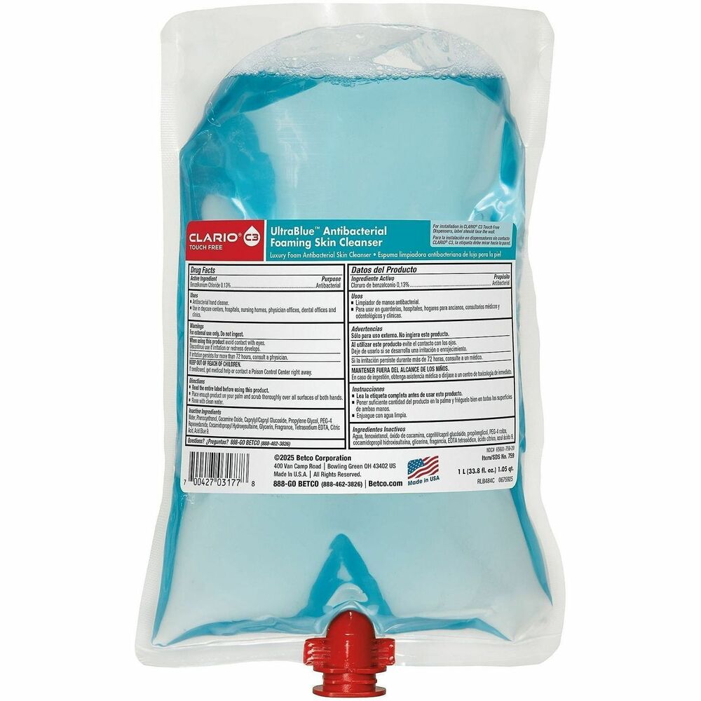 BET759H200 - UltraBlue Antibacterial Foaming Skin Cleanser contains 0.13 percent benzalkonium chloride to eliminate more than 99.99 percent of broad-spectrum germs in just 30 seconds. Formula is gentle on the skin, preventing dryness or irritation while providing moisturizing benefits and a pleasant fragrance. It meets FDA and CDC requirements for handwashing, ensuring both safety and effectiveness. Sealed packaging keeps the formula free of contaminants and allows for 99 percent product evacuation, reducing waste and maintaining hygiene. Refill is compatible with the Clario C3 touch-free dispenser (not included).